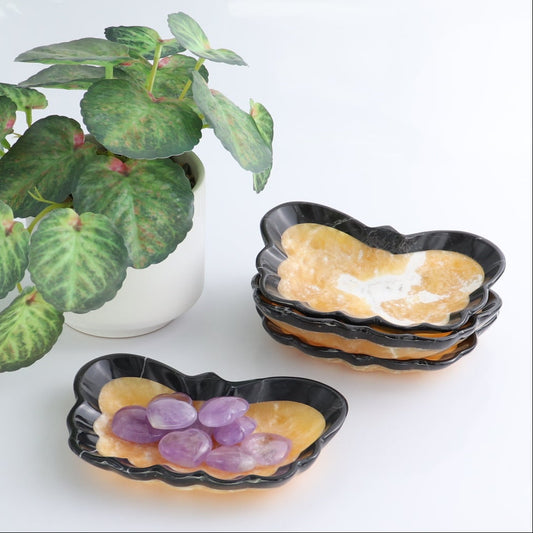 One Butterfly Bowl Mexican Onyx/Calcite Orange with Black Marble Polished Edge