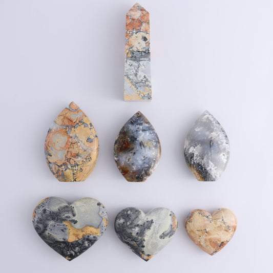 Maligano Jasper Mixed Carvings Set of 7 - Expert Wholesale and Supplier of Wholesale Crystals & Bulk Gemstones, ["Freeform","Freeforms","Hearts","Indonesia","Maligno Jasper","Towers"]