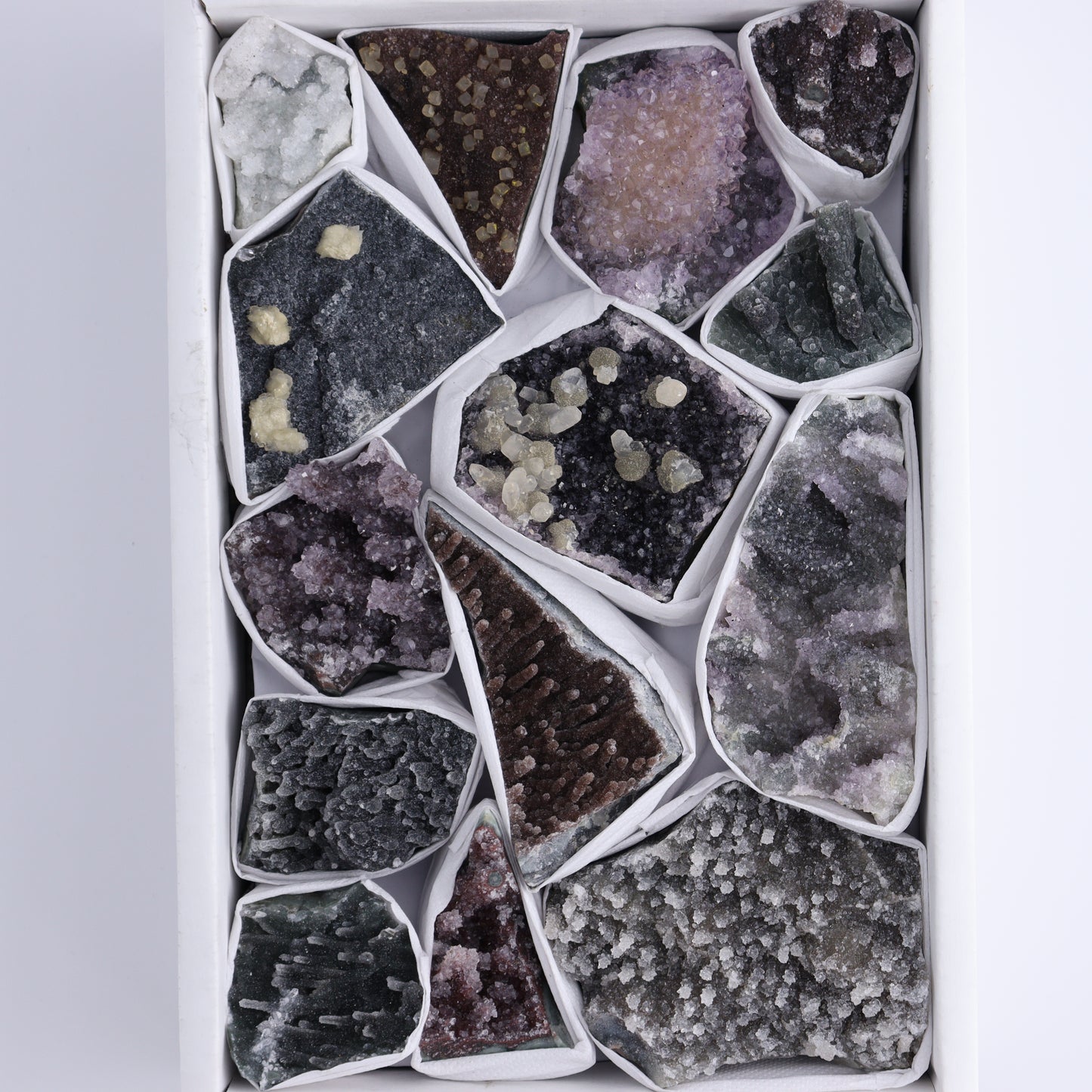 Uruguay Amethyst Clusters with Formations Flat of 14 - Expert Wholesale and Supplier of Wholesale Crystals & Bulk Gemstones, ["Amethyst","Calcite","Clusters","Formations","Uruguay"]