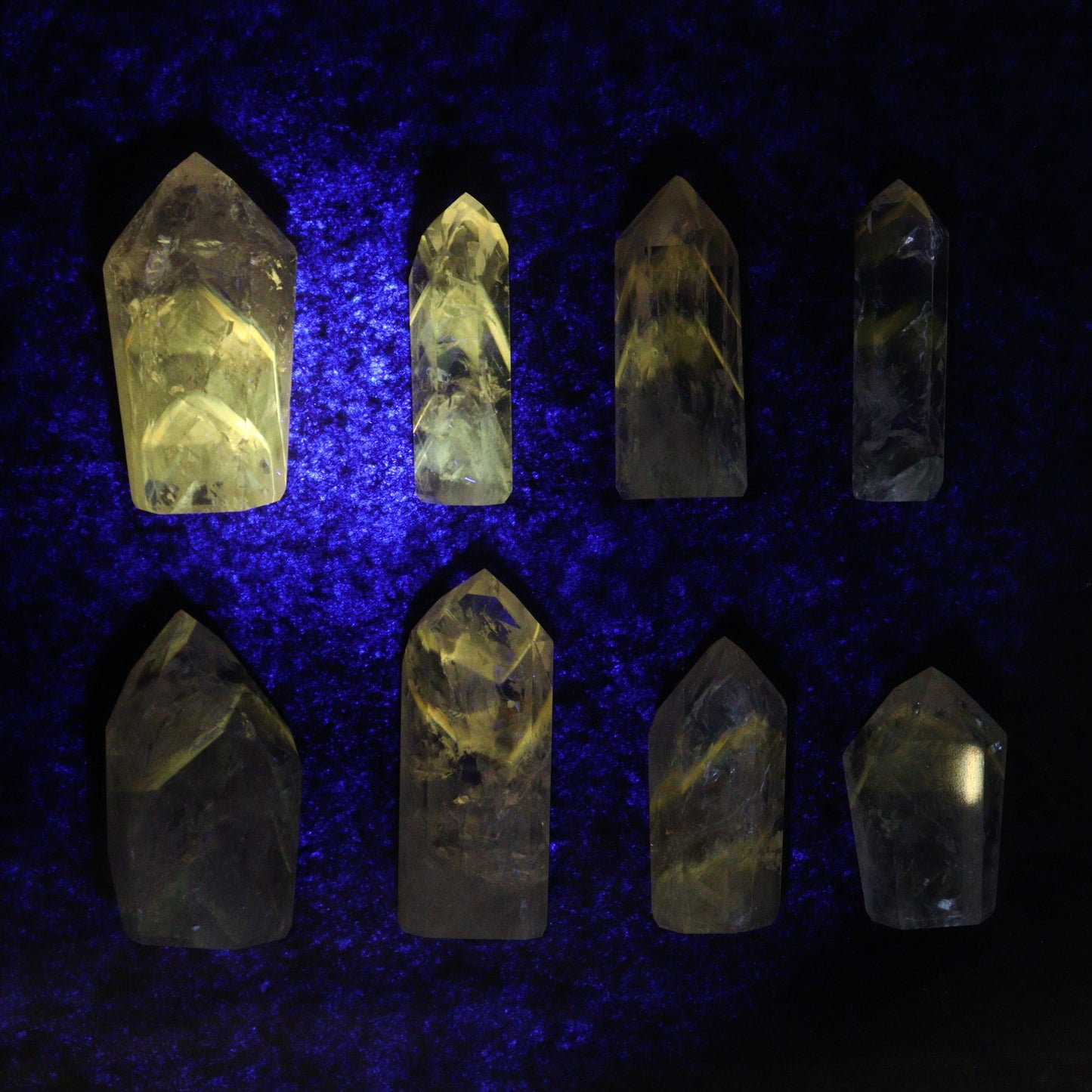 Powellite Amethyst UV Reactive Towers Set of 20 - Expert Wholesale and Supplier of Wholesale Crystals & Bulk Gemstones, ["Amethyst","Powellite"]