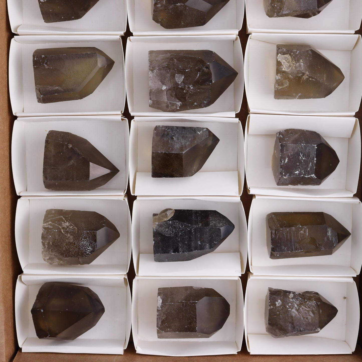 Smoky Quartz Polished Tops Set of 18 - Expert Wholesale and Supplier of Wholesale Crystals & Bulk Gemstones, ["Brazil","close_70","Points","Polished Tip","Quartz","Smoky Quartz"]