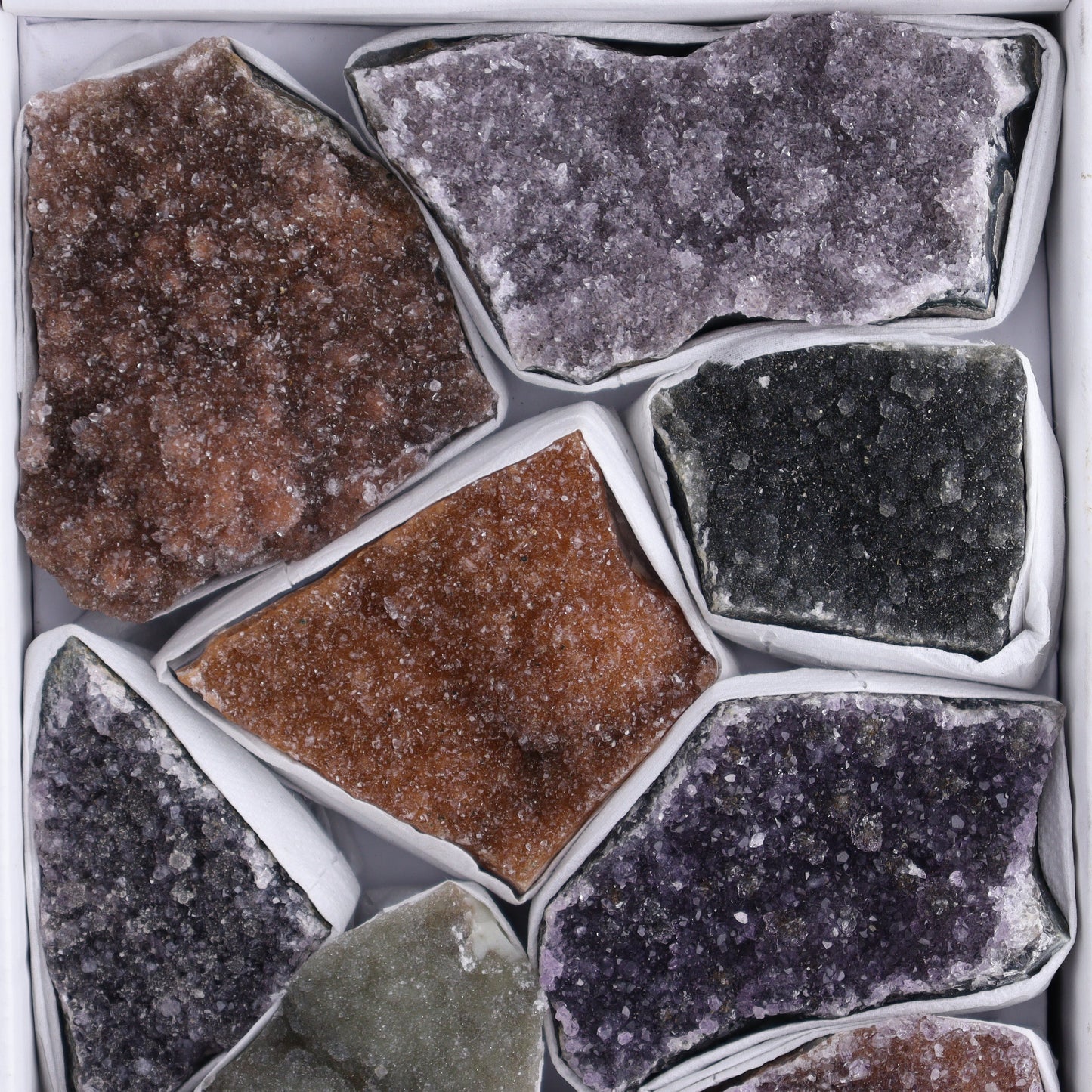 Uruguay Rainbow Amethyst Clusters Flat of 14