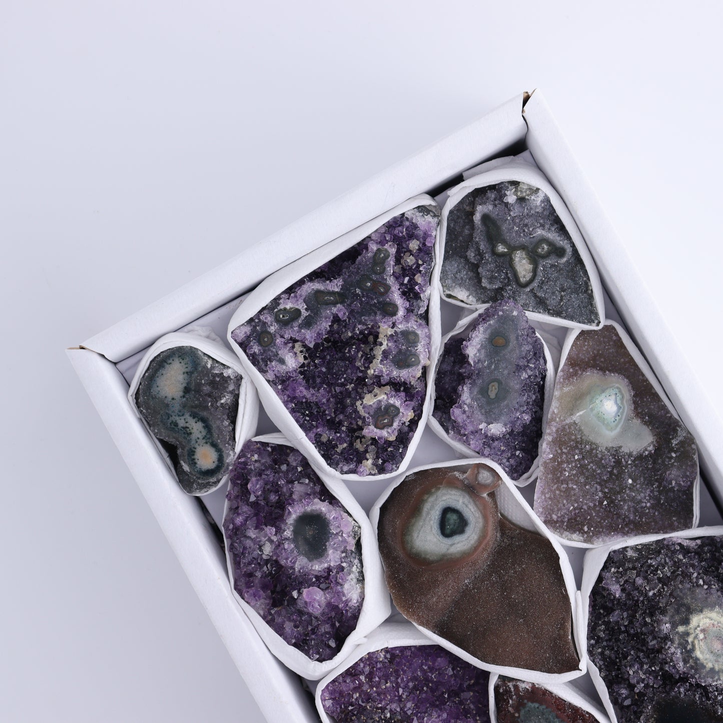 Uruguay Amethyst Clusters with "Eyes" Flat of 11 - Expert Wholesale and Supplier of Wholesale Crystals & Bulk Gemstones, ["Amethyst","Clusters","Eyes Amethyst","Uruguay"]