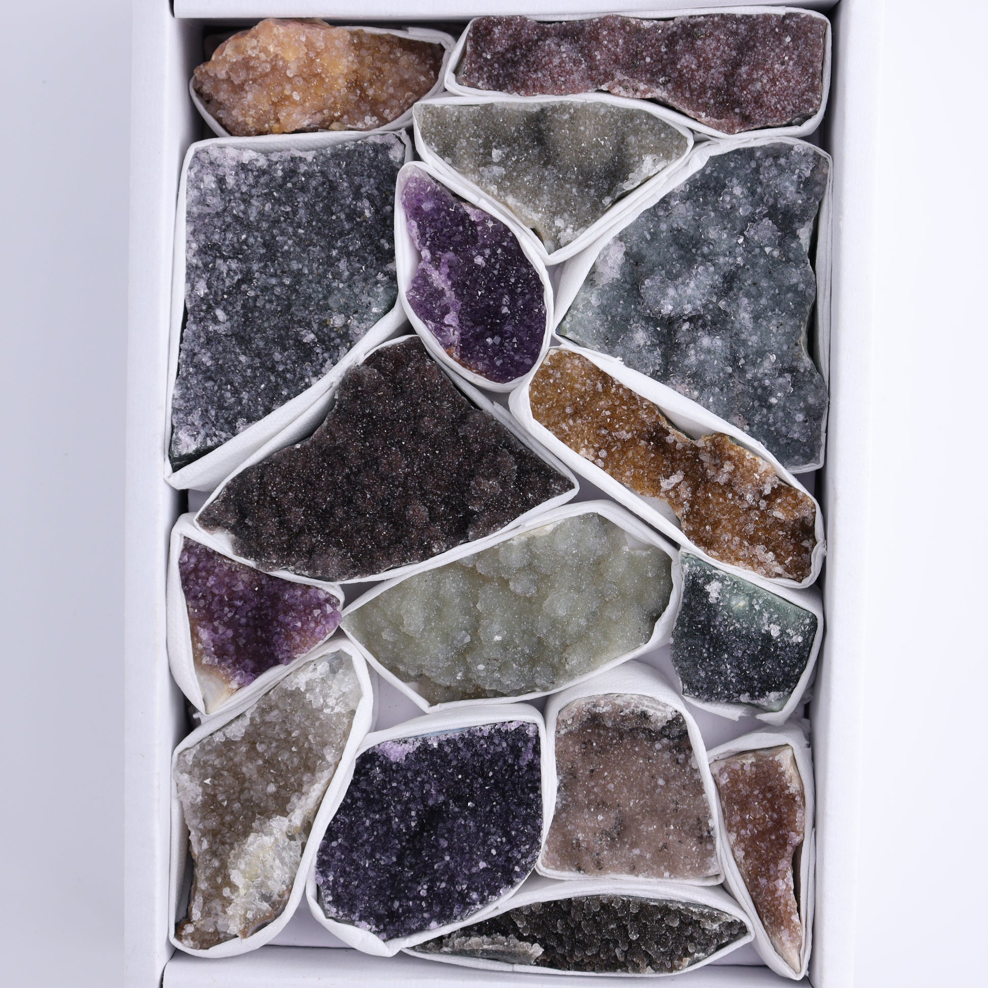 Uruguay Rainbow Amethyst Clusters Flat of 16 - Expert Wholesale and Supplier of Wholesale Crystals & Bulk Gemstones, ["Amethyst","Clusters","Rainbow Amethyst","Sugar Rainbow Amethyst","Uruguay"]
