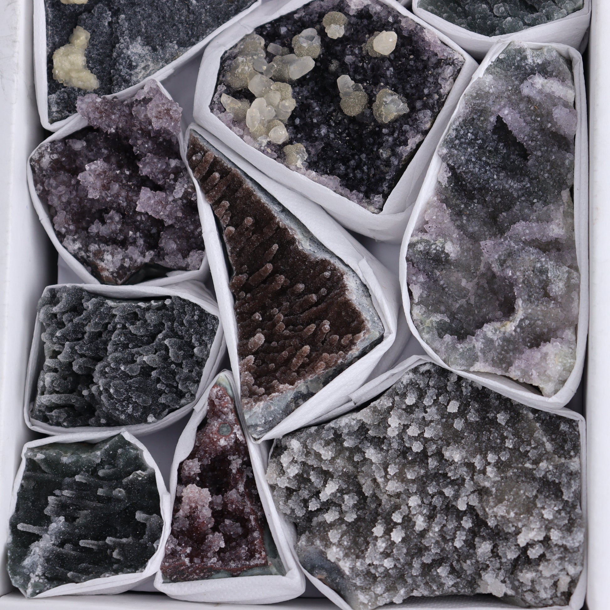 Uruguay Amethyst Clusters with Formations Flat of 14 - Expert Wholesale and Supplier of Wholesale Crystals & Bulk Gemstones, ["Amethyst","Calcite","Clusters","Formations","Uruguay"]