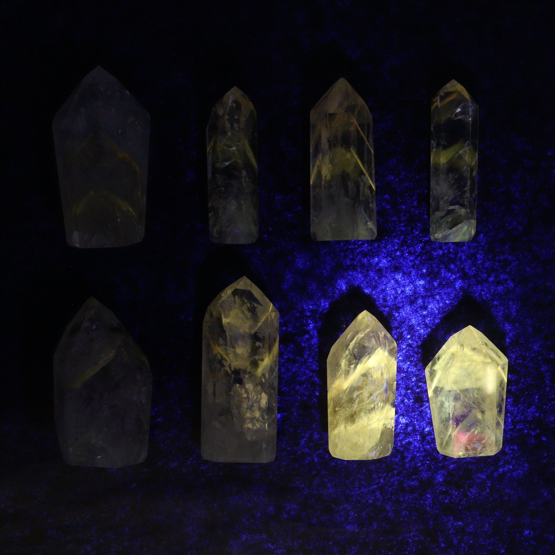 Powellite Amethyst UV Reactive Towers Set of 20 - Expert Wholesale and Supplier of Wholesale Crystals & Bulk Gemstones, ["Amethyst","Powellite"]