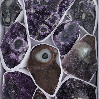 Uruguay Amethyst Clusters with "Eyes" Flat of 11 - Expert Wholesale and Supplier of Wholesale Crystals & Bulk Gemstones, ["Amethyst","Clusters","Eyes Amethyst","Uruguay"]