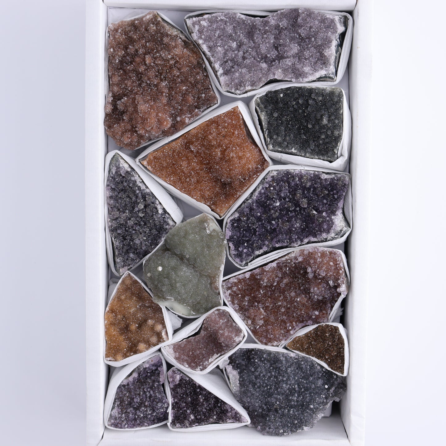 Uruguay Rainbow Amethyst Clusters Flat of 14