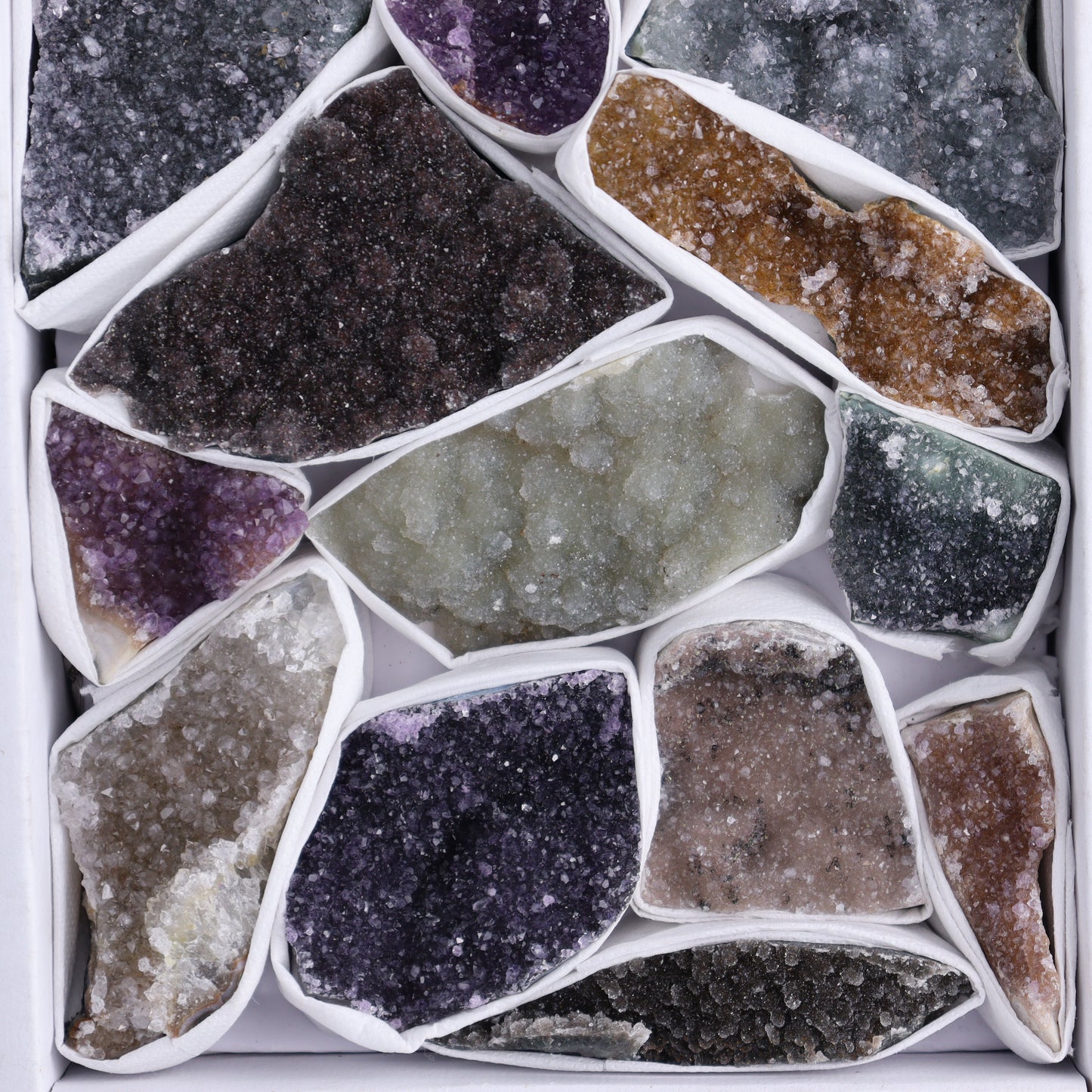 Uruguay Rainbow Amethyst Clusters Flat of 16 - Expert Wholesale and Supplier of Wholesale Crystals & Bulk Gemstones, ["Amethyst","Clusters","Rainbow Amethyst","Sugar Rainbow Amethyst","Uruguay"]
