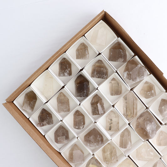 Smoky Quartz Polished Tops Set of 35 - Expert Wholesale and Supplier of Wholesale Crystals & Bulk Gemstones, ["Brazil","Points","Polished Tip","Quartz","Smoky Quartz"]