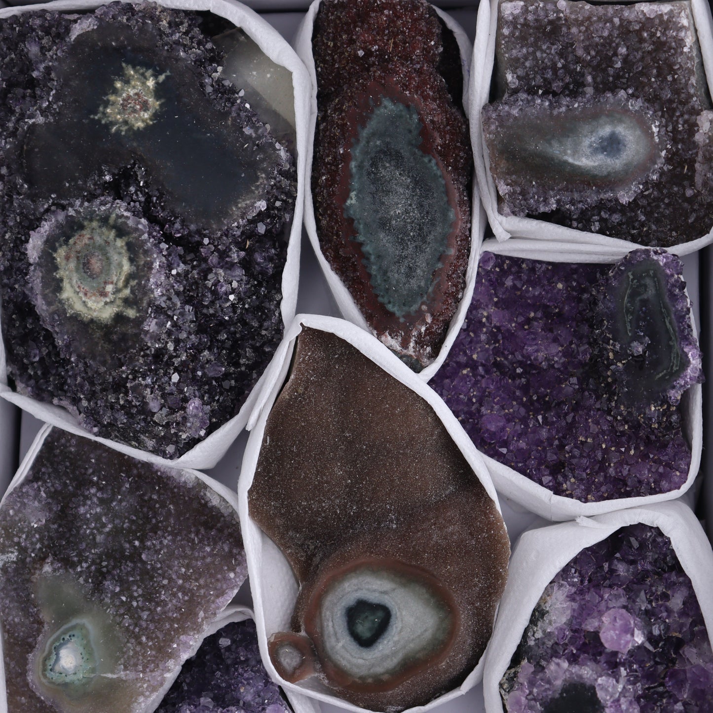 Uruguay Amethyst Clusters with "Eyes" Flat of 11 - Expert Wholesale and Supplier of Wholesale Crystals & Bulk Gemstones, ["Amethyst","Clusters","Eyes Amethyst","Uruguay"]