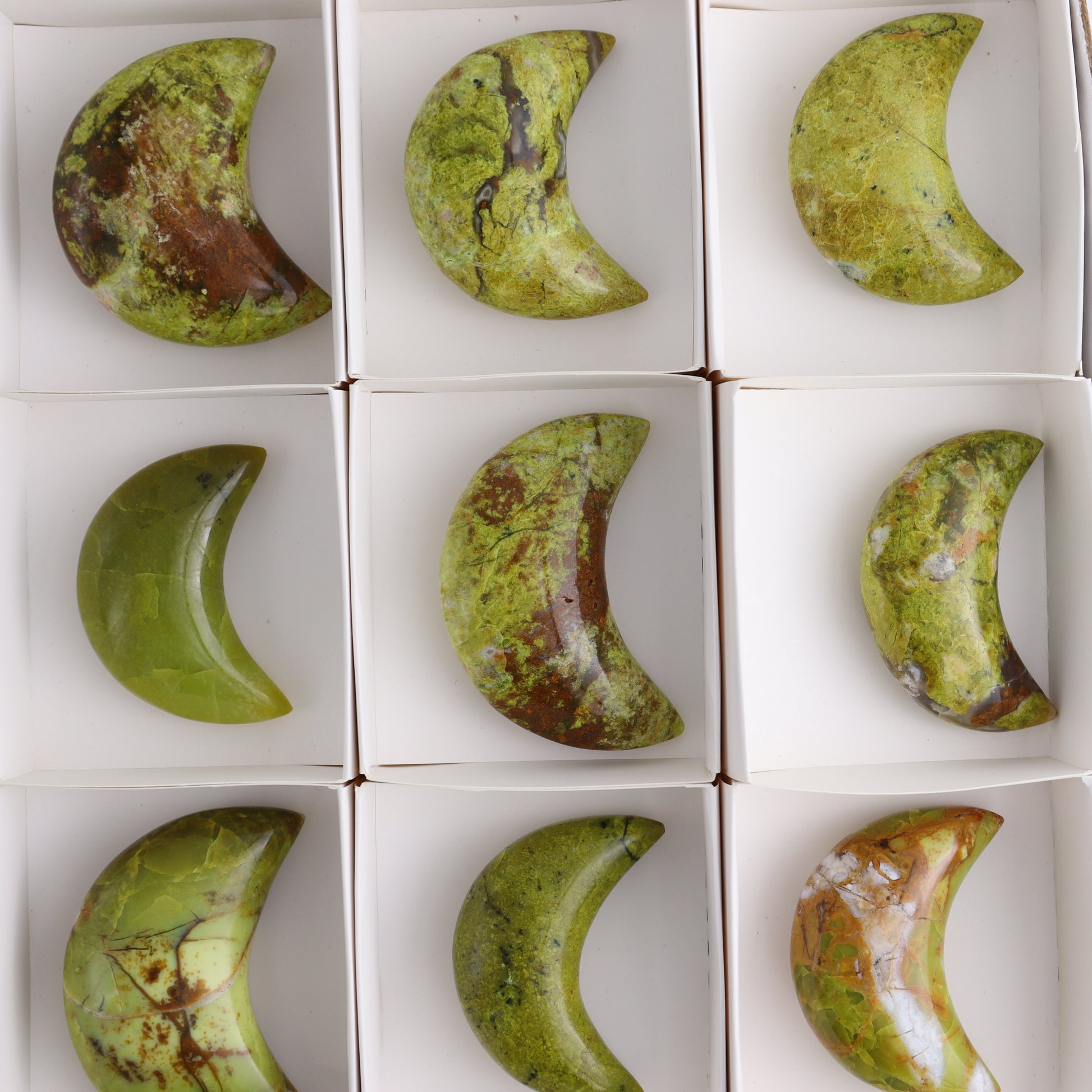 Green Opal Moons Set of 12 - Expert Wholesale and Supplier of Wholesale Crystals & Bulk Gemstones, ["green opal","moons"]