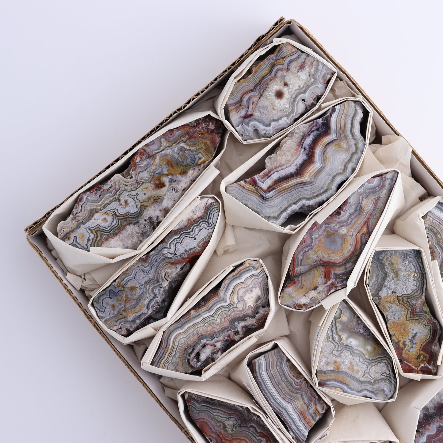 Crazy Lace Agate Flat of 13 - Expert Wholesale and Supplier of Wholesale Crystals & Bulk Gemstones, ["Crazy Lace Agate","Mexico"]