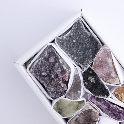 Uruguay Rainbow Amethyst Clusters Flat of 13 - Expert Wholesale and Supplier of Wholesale Crystals & Bulk Gemstones, ["Amethyst","Clusters","Rainbow Amethyst","Sugar Rainbow Amethyst","Uruguay"]