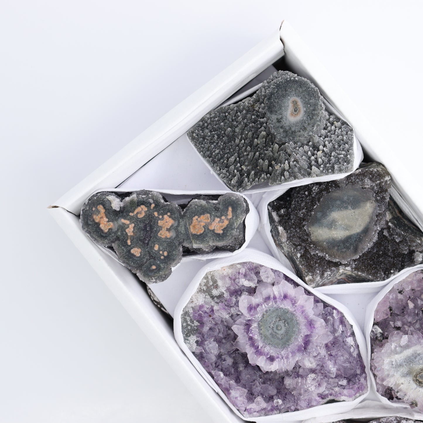 Uruguay Amethyst Clusters with "Eyes" Flat of 7 - Expert Wholesale and Supplier of Wholesale Crystals & Bulk Gemstones, ["Amethyst","Amethyst Eyes","Clusters","Uruguay"]