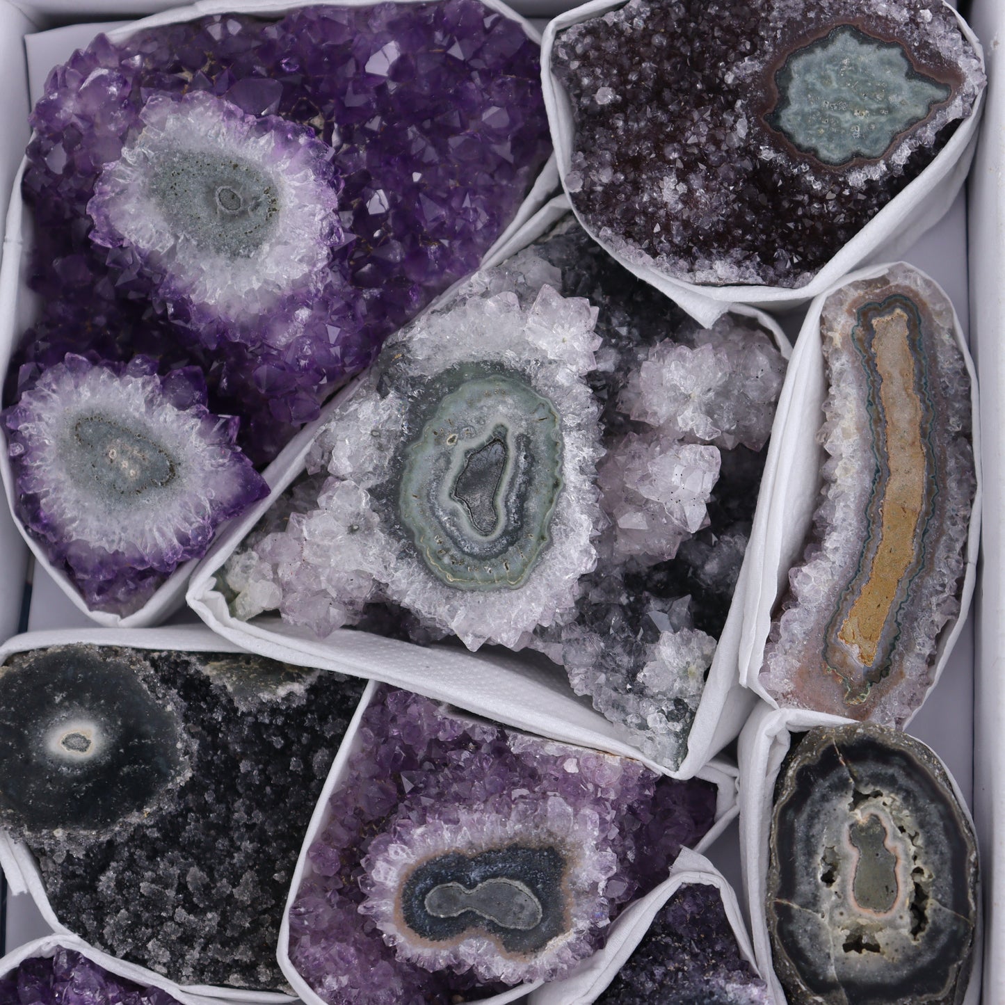 Uruguay Amethyst Clusters with "Eyes" Flat of 11 - Expert Wholesale and Supplier of Wholesale Crystals & Bulk Gemstones, ["Amethyst","Clusters","Eyes Amethyst","Uruguay"]