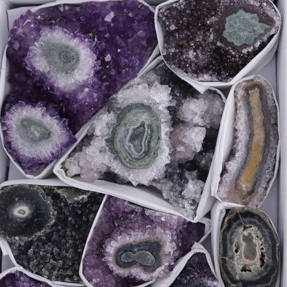 Uruguay Amethyst Clusters with "Eyes" Flat of 11 - Expert Wholesale and Supplier of Wholesale Crystals & Bulk Gemstones, ["Amethyst","Clusters","Eyes Amethyst","Uruguay"]