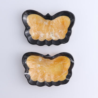 One Butterfly Bowl Mexican Onyx/Calcite Orange with Black Marble Polished Edge