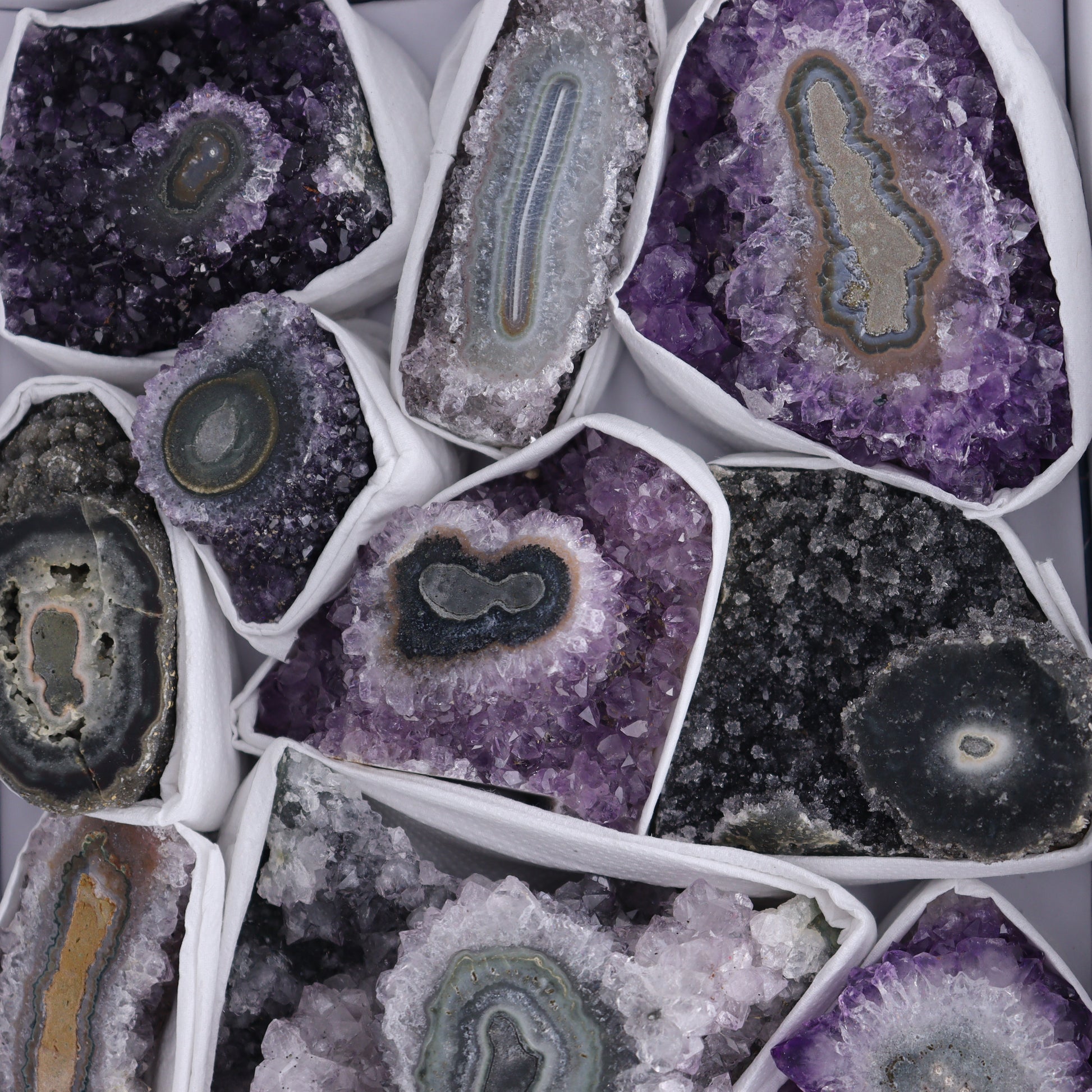 Uruguay Amethyst Clusters with "Eyes" Flat of 11 - Expert Wholesale and Supplier of Wholesale Crystals & Bulk Gemstones, ["Amethyst","Clusters","Eyes Amethyst","Uruguay"]