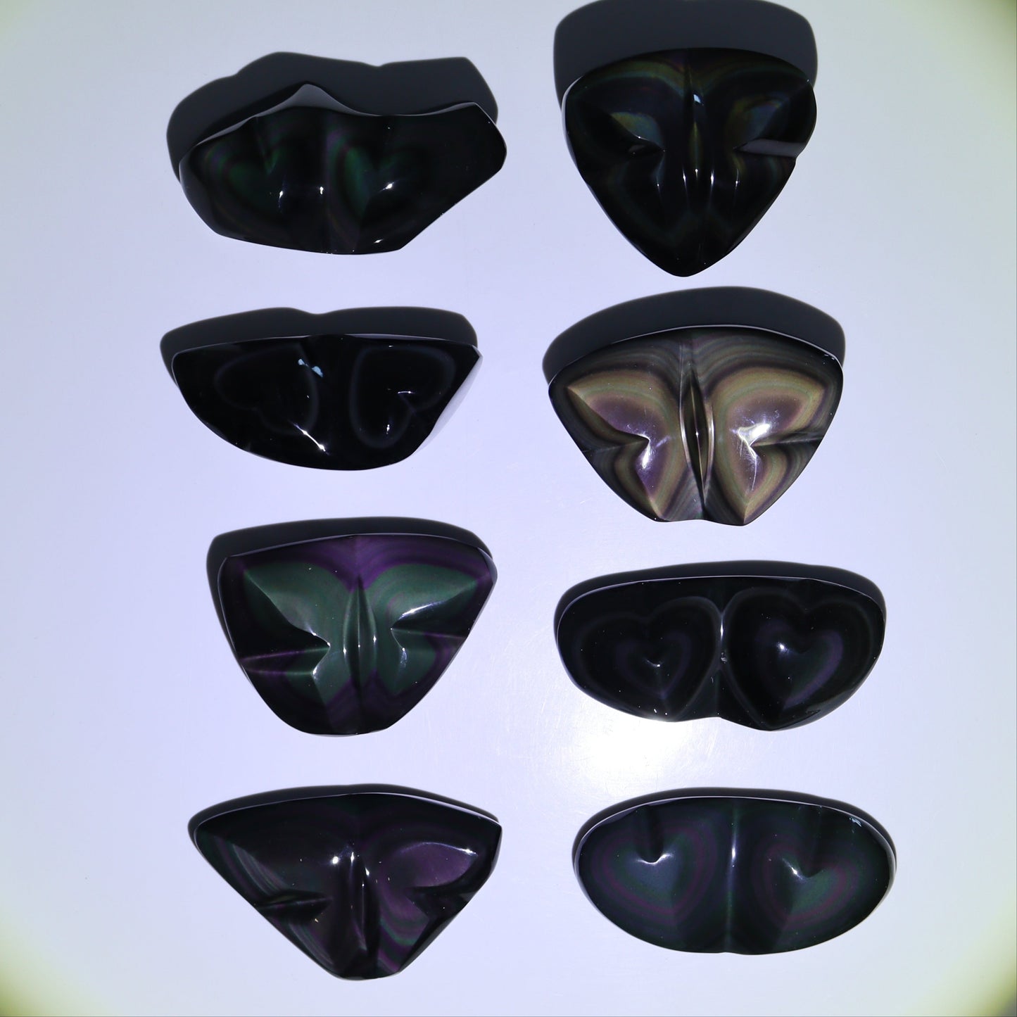 Rainbow Obsidian Butterflies & Hearts Set of 8 - Expert Wholesale and Supplier of Wholesale Crystals & Bulk Gemstones, ["Butterflies","Butterfly","Hearts","Mexico","Rainbow Obsidian"]