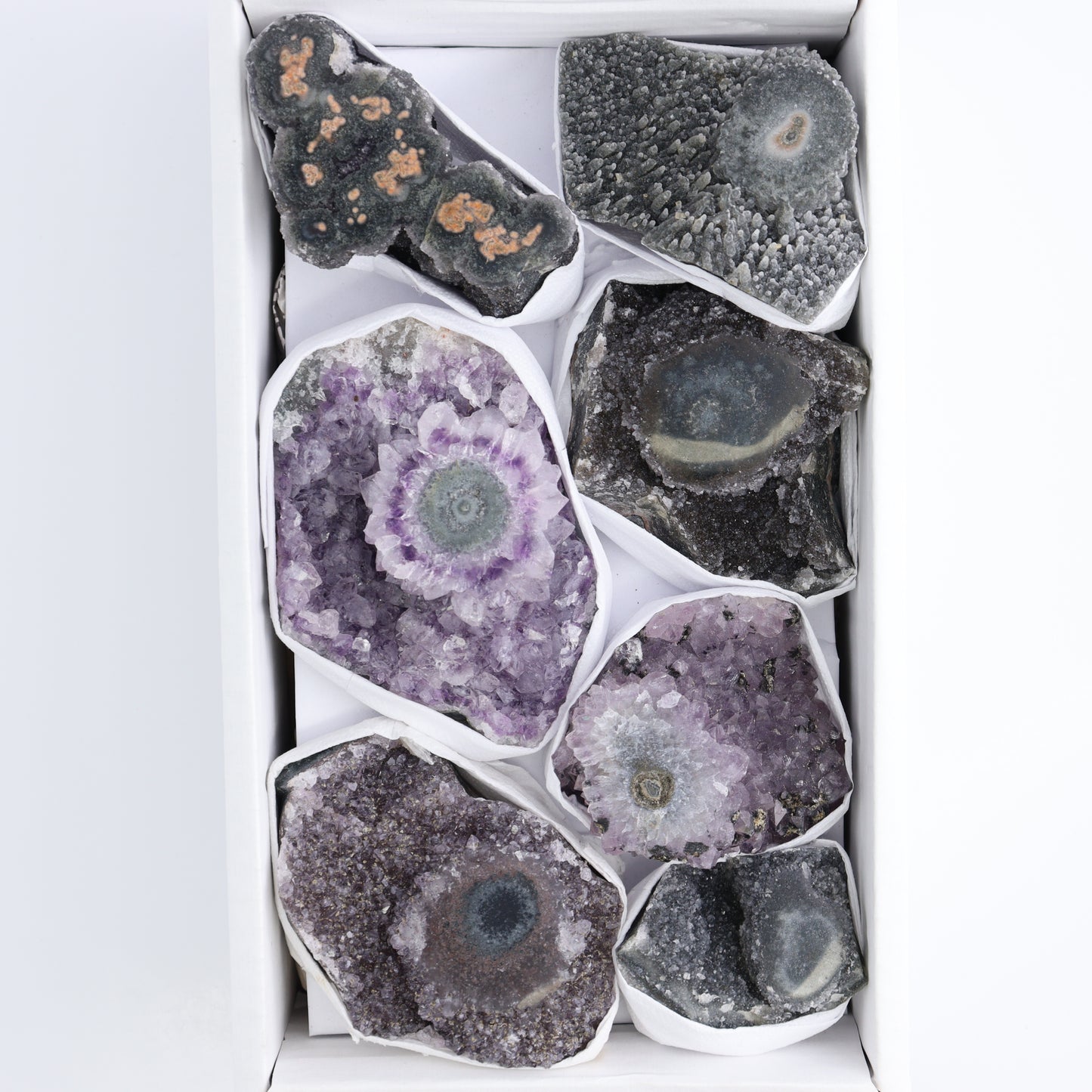 Uruguay Amethyst Clusters with "Eyes" Flat of 7 - Expert Wholesale and Supplier of Wholesale Crystals & Bulk Gemstones, ["Amethyst","Amethyst Eyes","Clusters","Uruguay"]