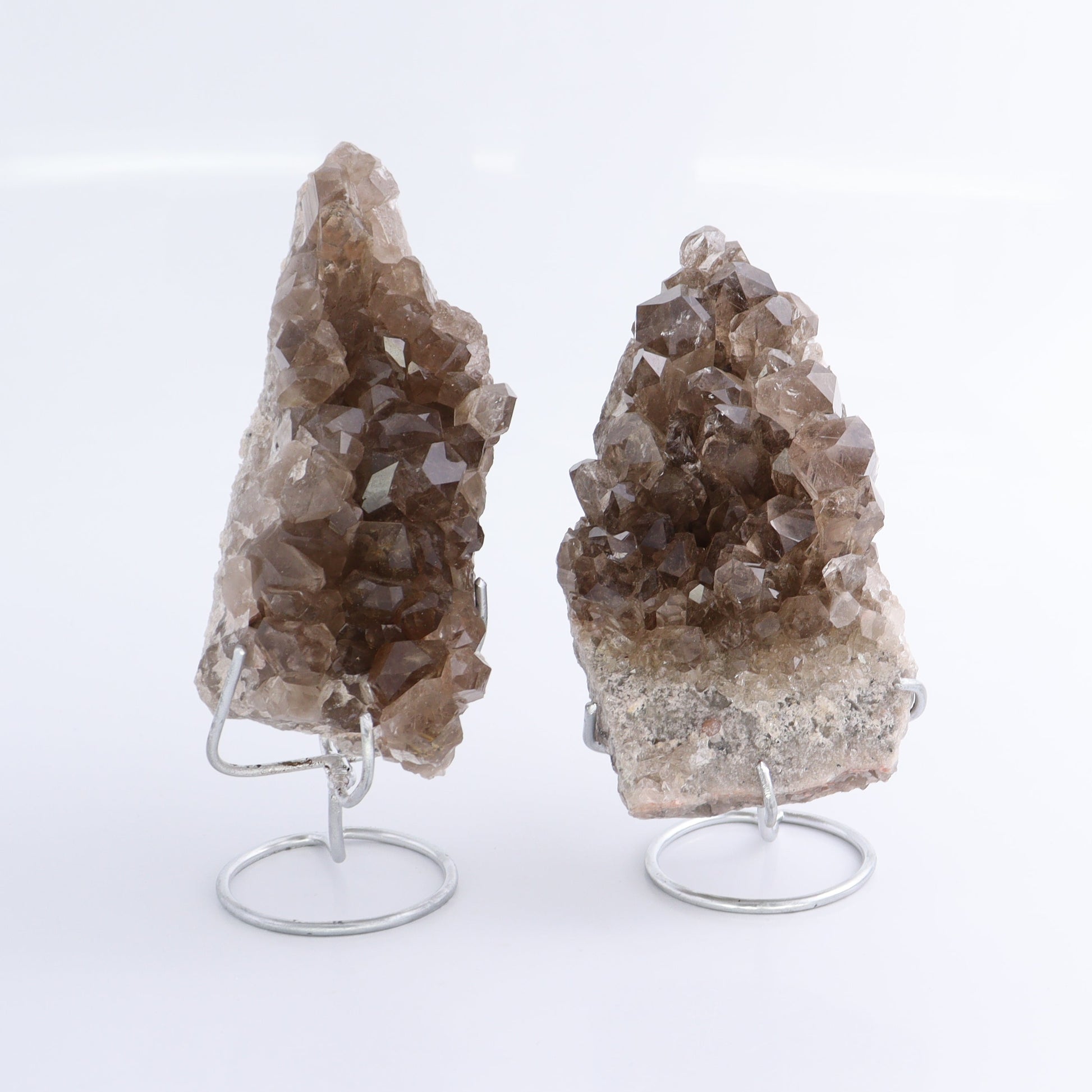 Smoky Quartz Clusters with Stand Set of 2 - Expert Wholesale and Supplier of Wholesale Crystals & Bulk Gemstones, ["cluster","Clusters","Quartz","Smoky Quartz"]