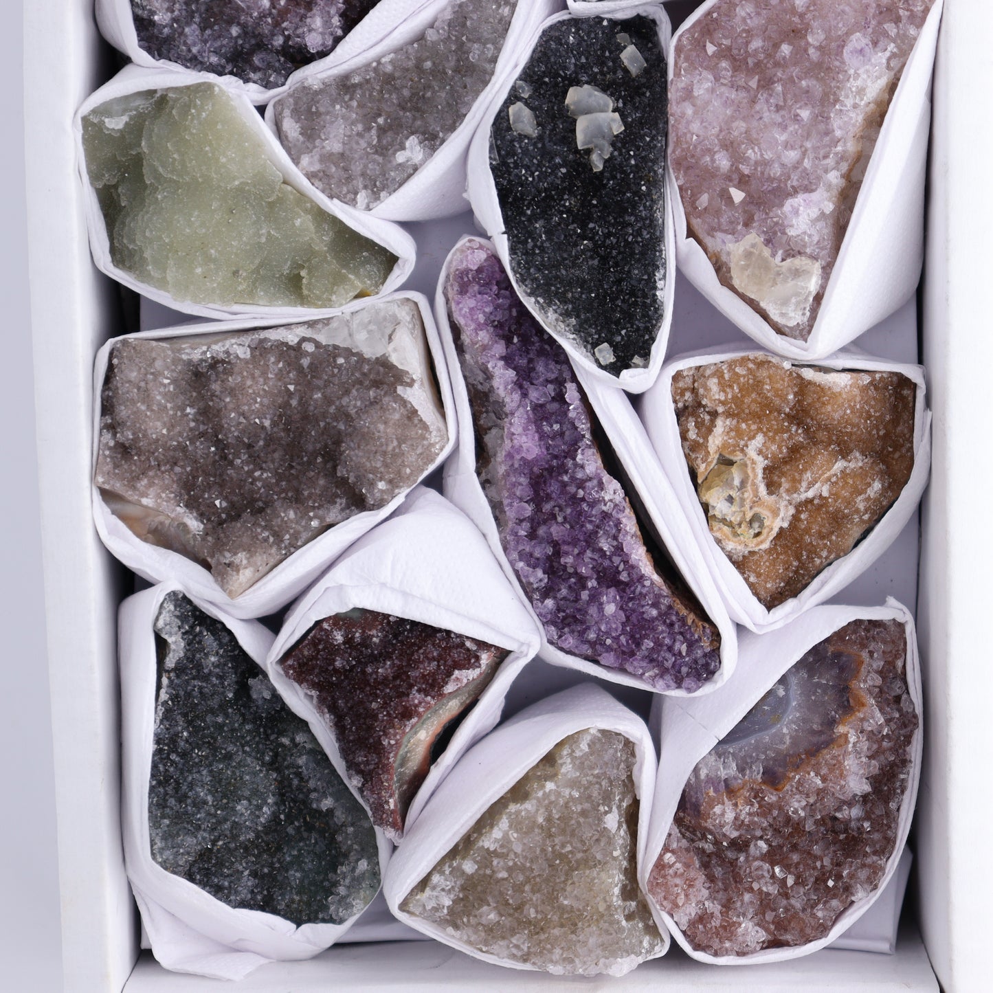 Uruguay Rainbow Amethyst Clusters Flat of 13 - Expert Wholesale and Supplier of Wholesale Crystals & Bulk Gemstones, ["Amethyst","Clusters","Rainbow Amethyst","Sugar Rainbow Amethyst","Uruguay"]