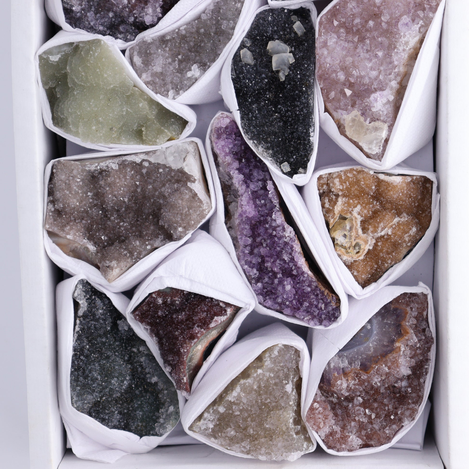 Uruguay Rainbow Amethyst Clusters Flat of 13 - Expert Wholesale and Supplier of Wholesale Crystals & Bulk Gemstones, ["Amethyst","Clusters","Rainbow Amethyst","Sugar Rainbow Amethyst","Uruguay"]