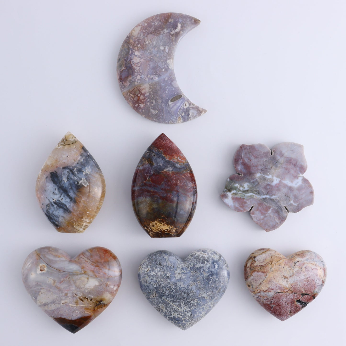 Maligano Jasper Mixed Carvings Set of 7 - Expert Wholesale and Supplier of Wholesale Crystals & Bulk Gemstones, ["Flower","Freeform","Freeforms","Hearts","Indonesia","Maligno Jasper","moons"]