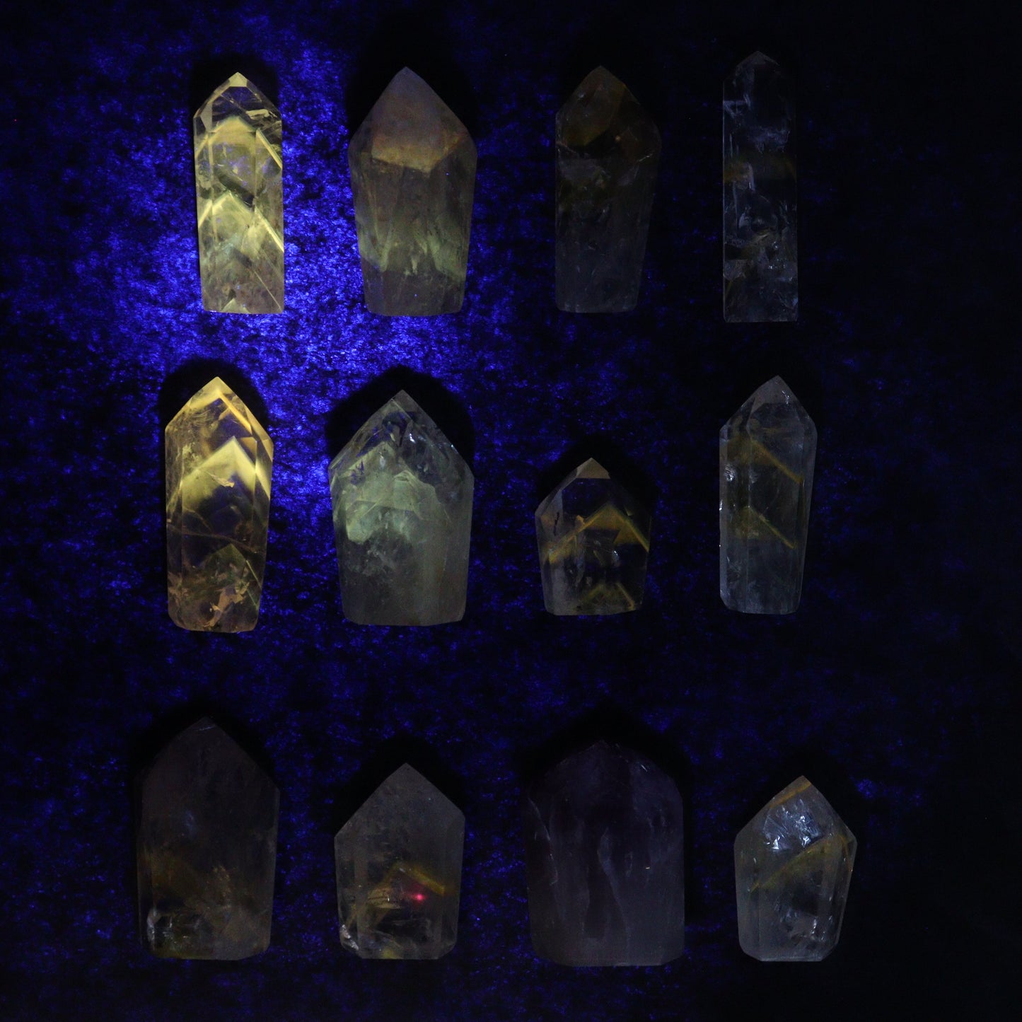 Powellite Amethyst UV Reactive Towers Set of 30 - Expert Wholesale and Supplier of Wholesale Crystals & Bulk Gemstones, ["Amethyst","Powellite"]