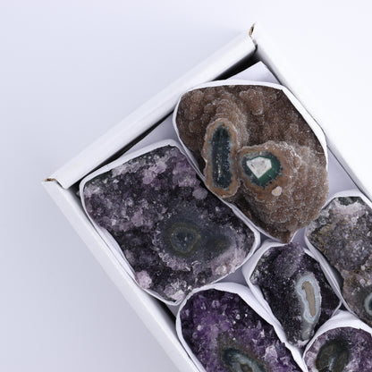 Uruguay Amethyst Clusters with "Eyes" Flat of 8 - Expert Wholesale and Supplier of Wholesale Crystals & Bulk Gemstones, []