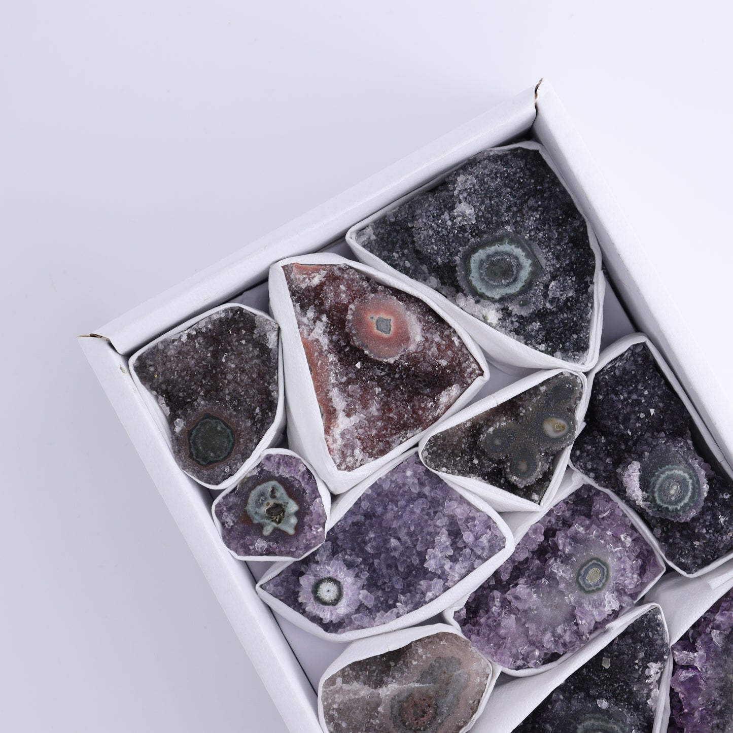 Uruguay Amethyst Clusters with "Eyes" Flat of 13 - Expert Wholesale and Supplier of Wholesale Crystals & Bulk Gemstones, ["Amethyst","Clusters","Eyes Amethyst","Uruguay"]