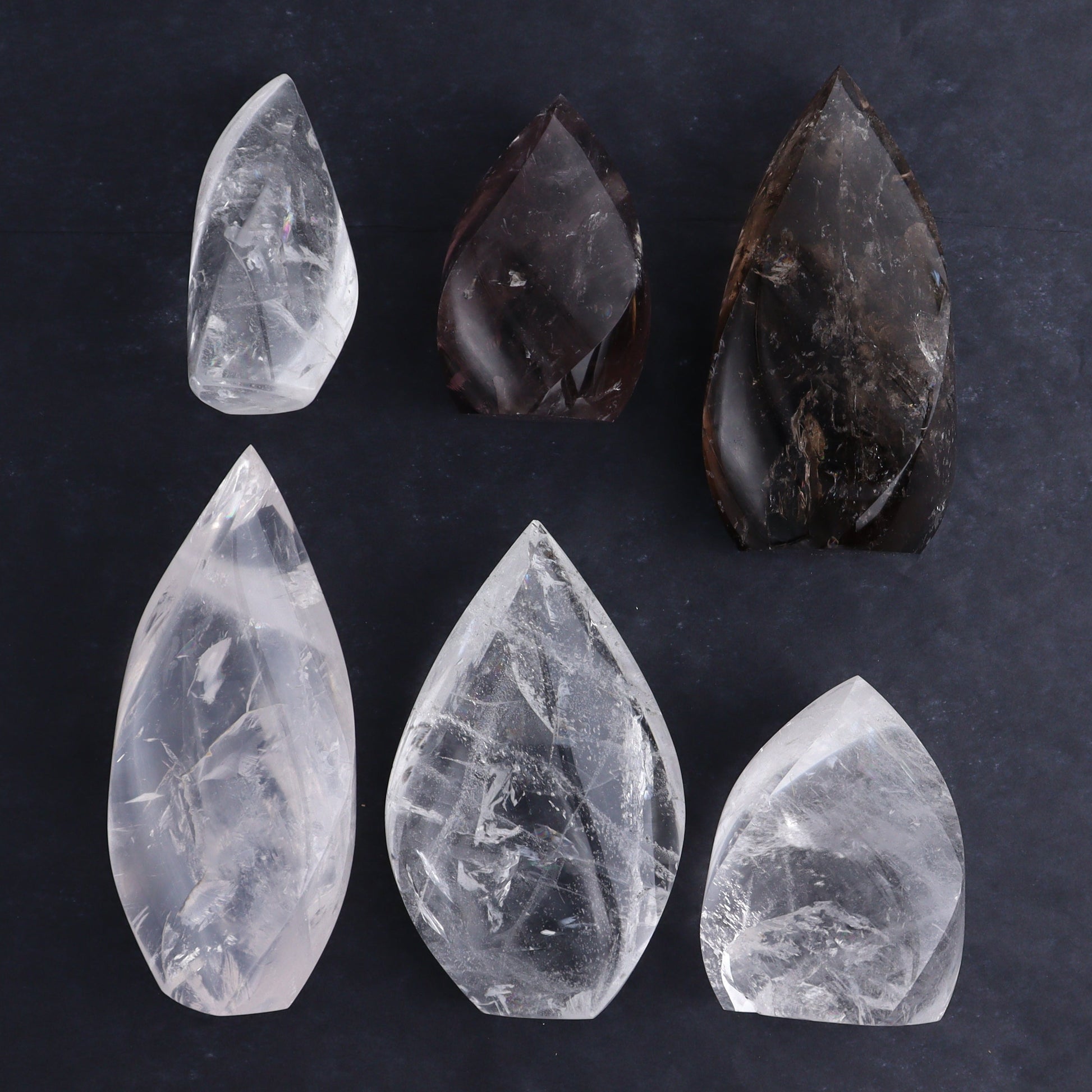 Imperfect Clear and Smoky Quartz Flames Set of 6 - Expert Wholesale and Supplier of Wholesale Crystals & Bulk Gemstones, ["Brazil","Clear Quartz","flames","Quartz","Smoky Quartz"]