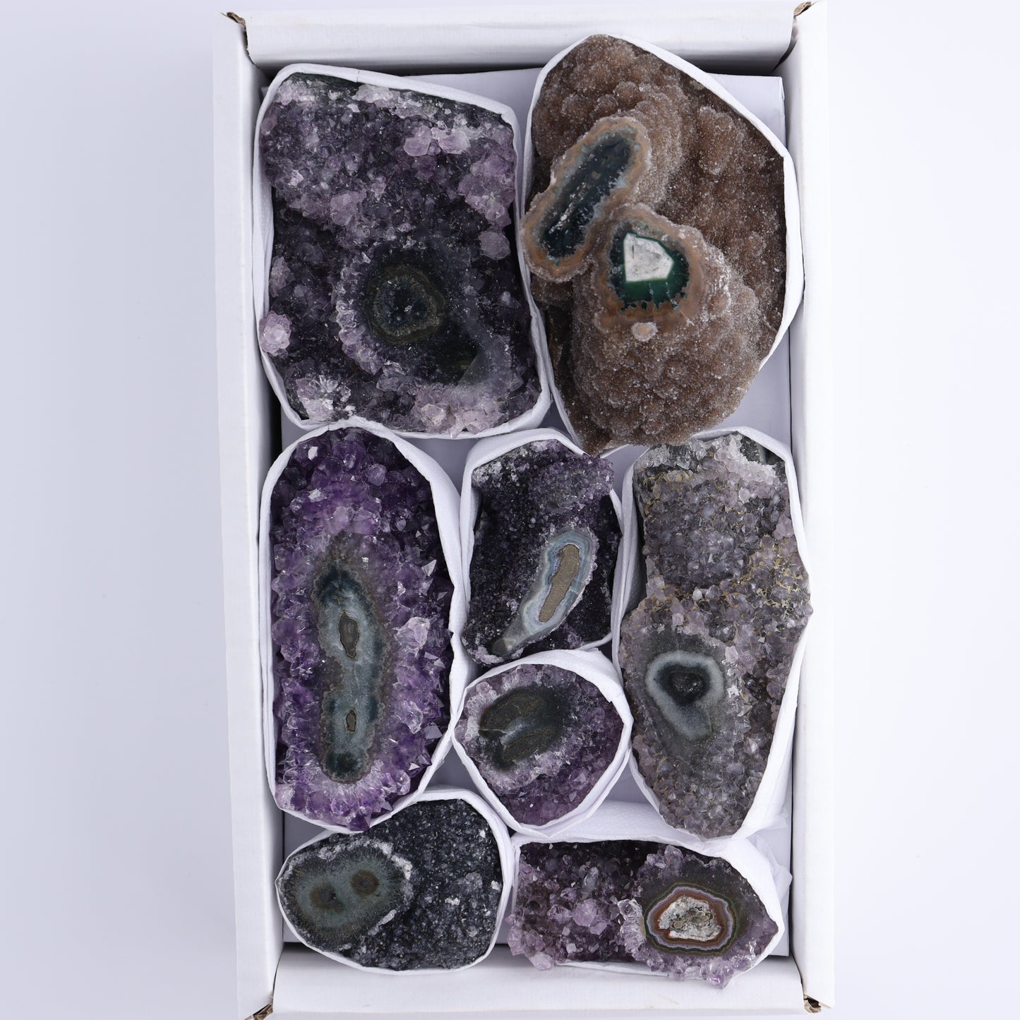 Uruguay Amethyst Clusters with "Eyes" Flat of 8 - Expert Wholesale and Supplier of Wholesale Crystals & Bulk Gemstones, []