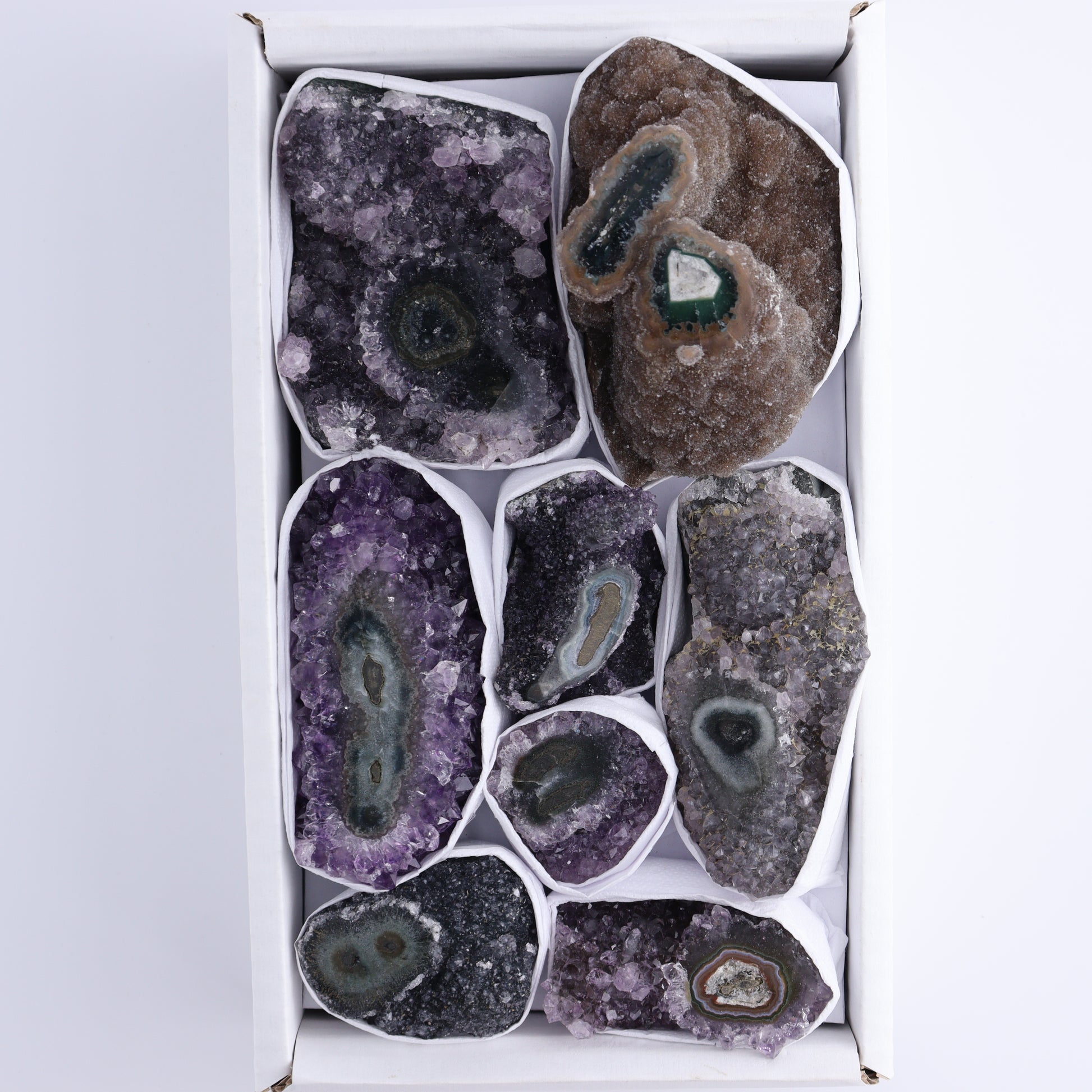 Uruguay Amethyst Clusters with "Eyes" Flat of 8 - Expert Wholesale and Supplier of Wholesale Crystals & Bulk Gemstones, []