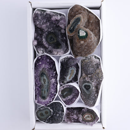 Uruguay Amethyst Clusters with "Eyes" Flat of 8 - Expert Wholesale and Supplier of Wholesale Crystals & Bulk Gemstones, []