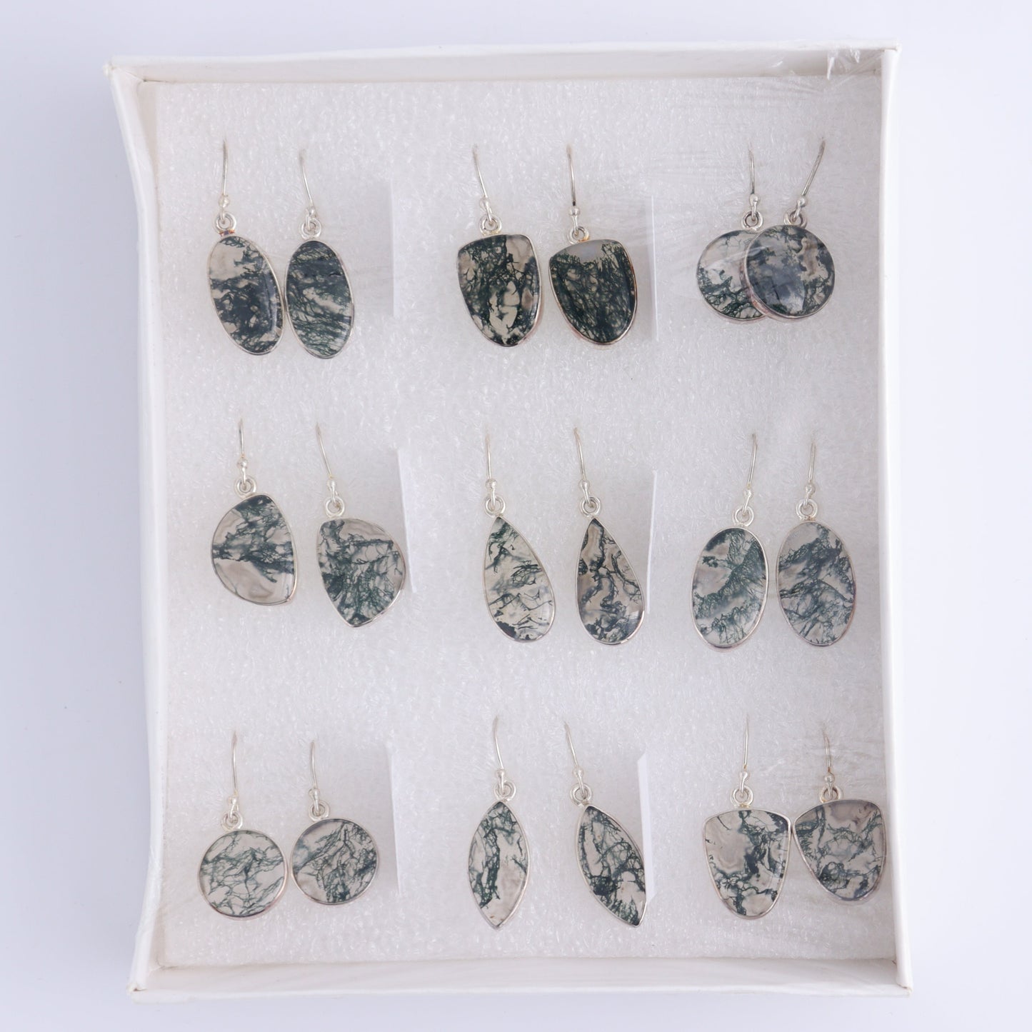 Moss Agate Earrings Pairs of 9 - Expert Wholesale and Supplier of Wholesale Crystals & Bulk Gemstones, ["close_50","earrings","India","Moss Agate","sterling silver"]