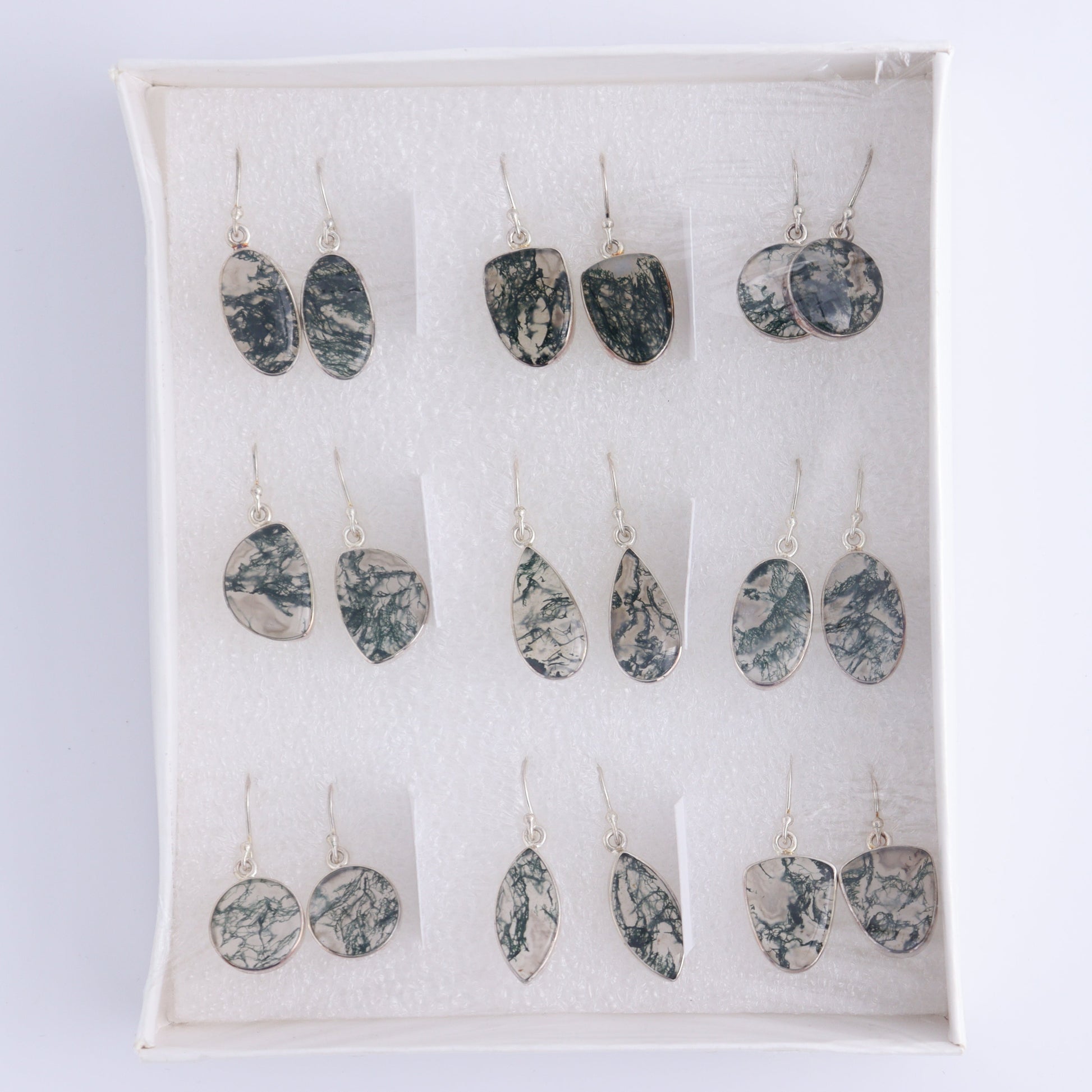 Moss Agate Earrings Pairs of 9 - Expert Wholesale and Supplier of Wholesale Crystals & Bulk Gemstones, ["close_50","earrings","India","Moss Agate","sterling silver"]
