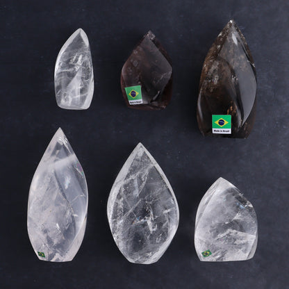 Imperfect Clear and Smoky Quartz Flames Set of 6 - Expert Wholesale and Supplier of Wholesale Crystals & Bulk Gemstones, ["Brazil","Clear Quartz","flames","Quartz","Smoky Quartz"]
