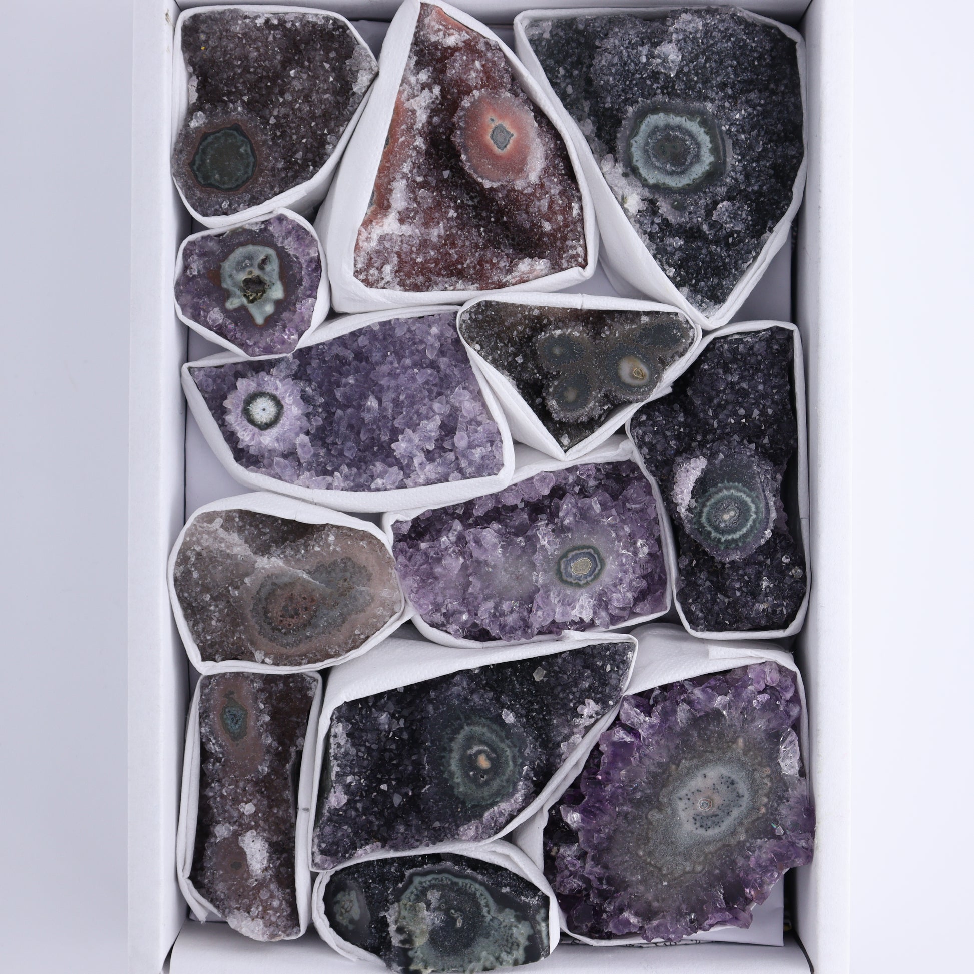 Uruguay Amethyst Clusters with "Eyes" Flat of 13 - Expert Wholesale and Supplier of Wholesale Crystals & Bulk Gemstones, ["Amethyst","Clusters","Eyes Amethyst","Uruguay"]