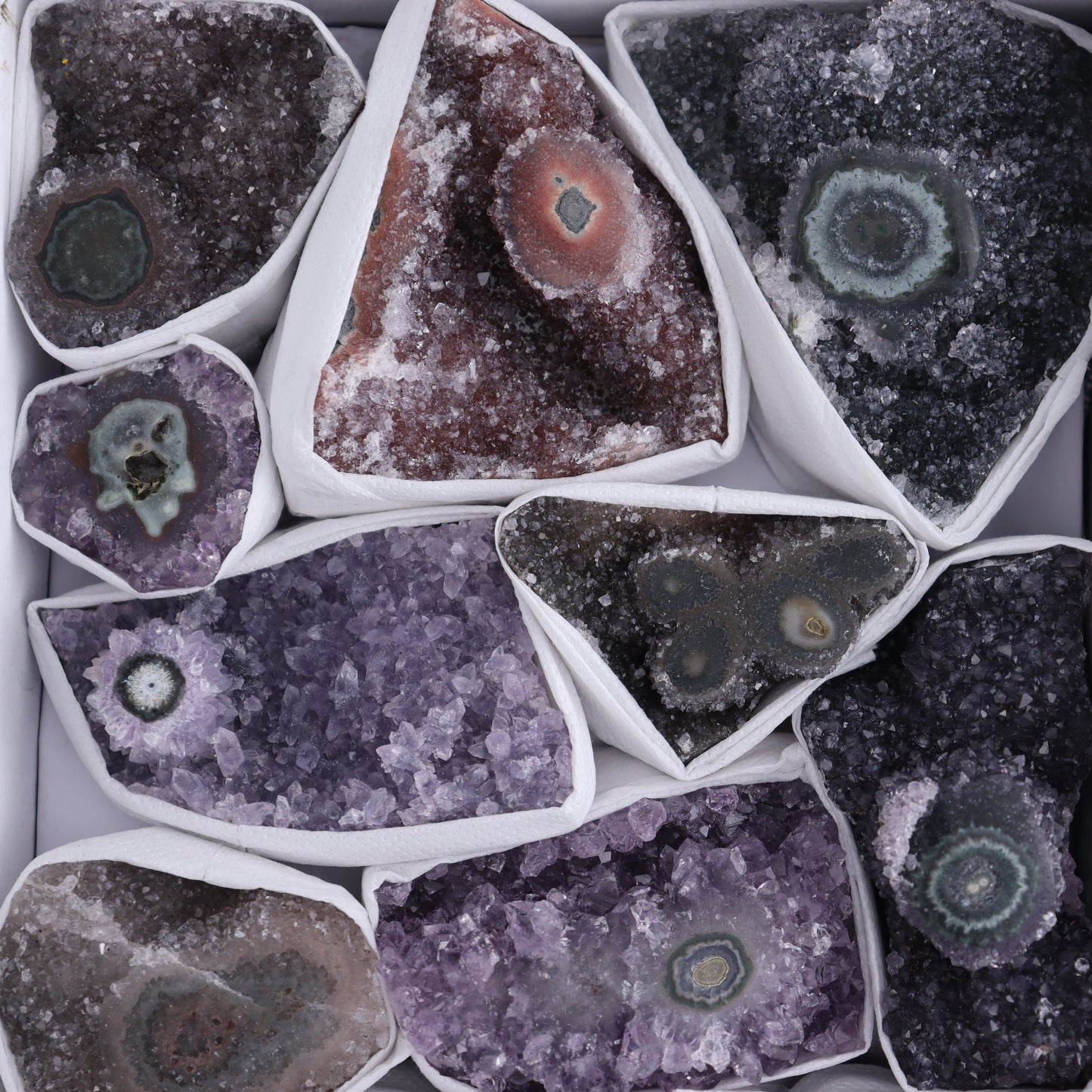 Uruguay Amethyst Clusters with "Eyes" Flat of 13 - Expert Wholesale and Supplier of Wholesale Crystals & Bulk Gemstones, ["Amethyst","Clusters","Eyes Amethyst","Uruguay"]