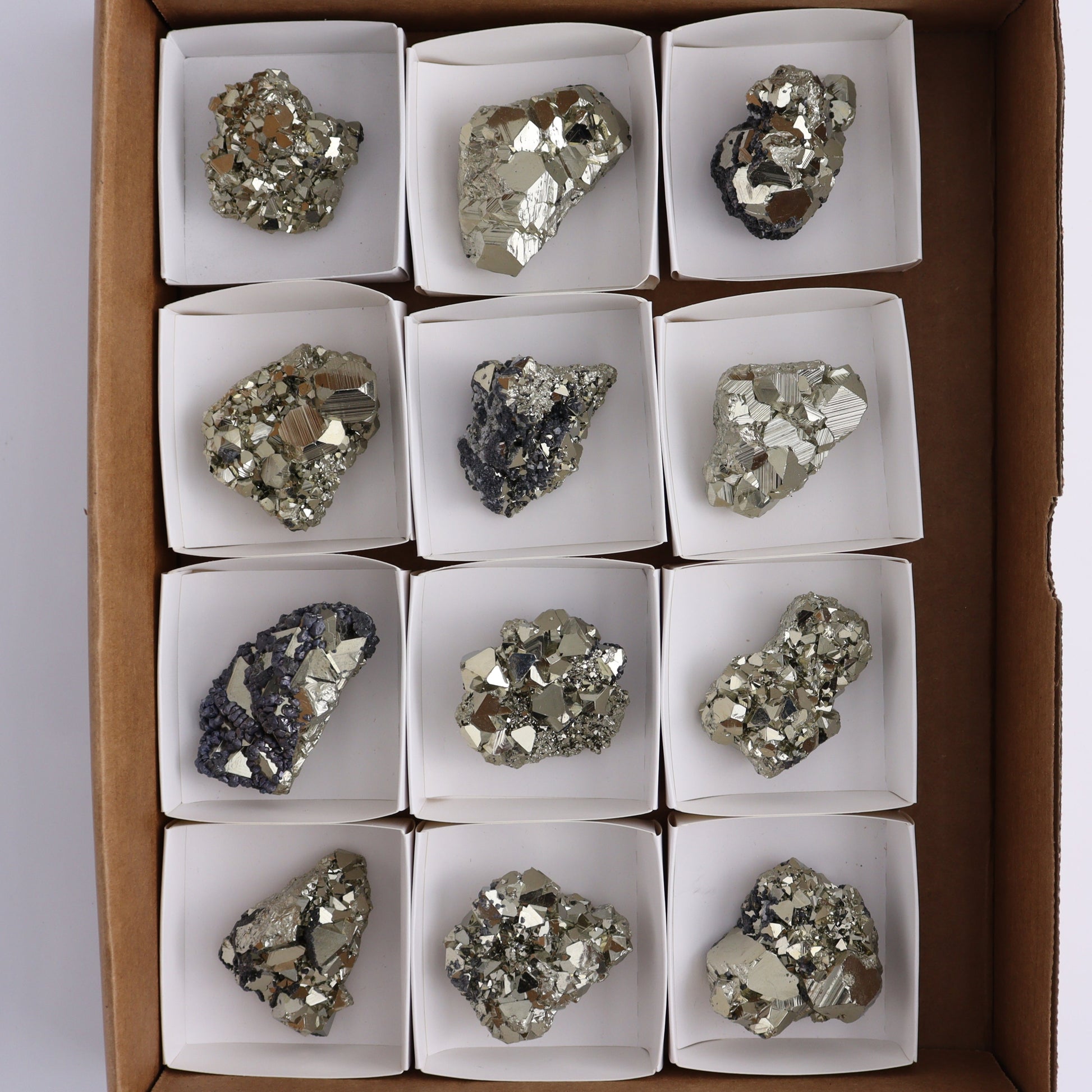 Octahedral Pyrite Clusters Set of 12 - Expert Wholesale and Supplier of Wholesale Crystals & Bulk Gemstones, ["Clusters","Octahedral Pyrite","Peru","Pyrite"]