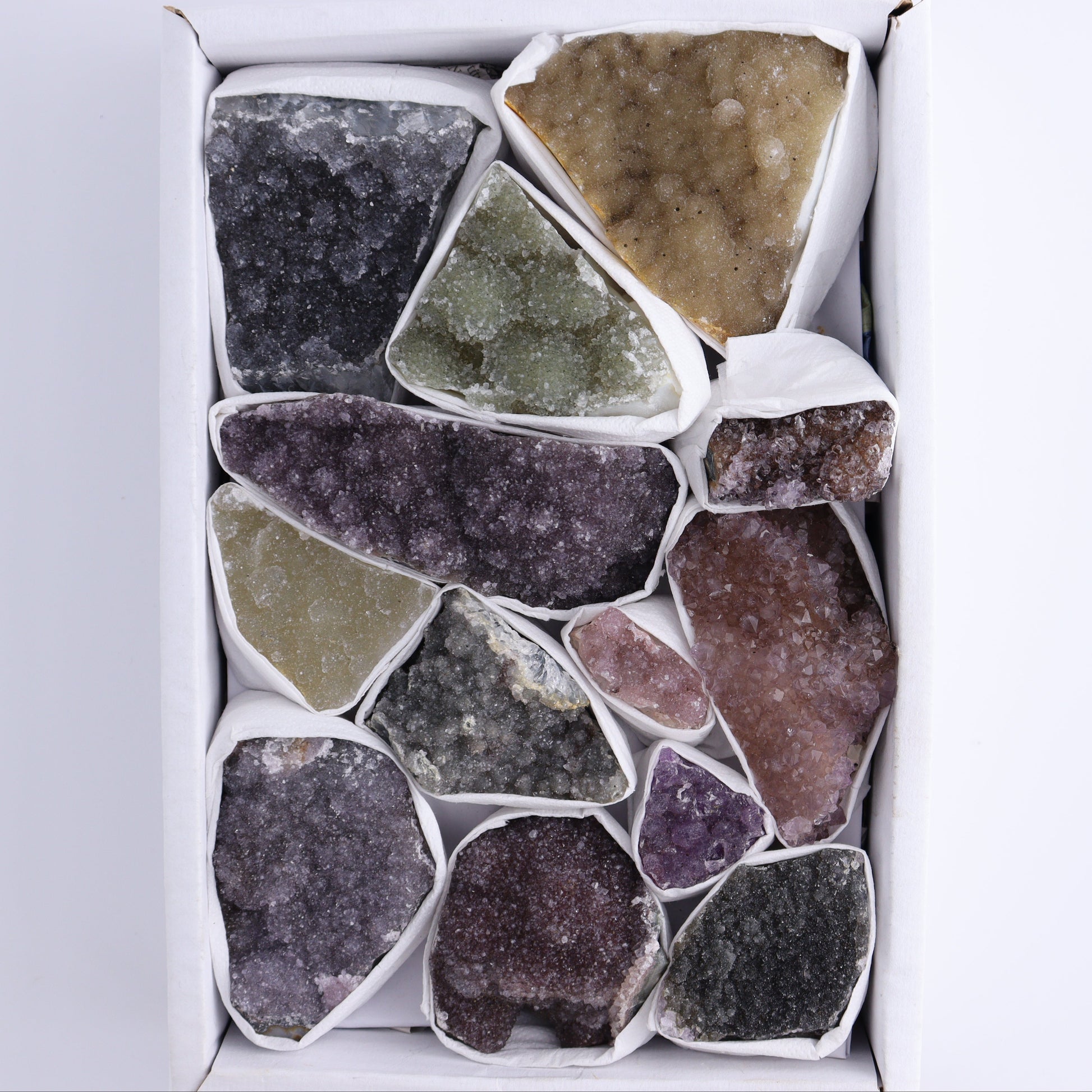 Uruguay Rainbow Amethyst Clusters Flat of 13 - Expert Wholesale and Supplier of Wholesale Crystals & Bulk Gemstones, ["Amethyst","Clusters","Rainbow Amethyst","Sugar Rainbow Amethyst","Uruguay"]
