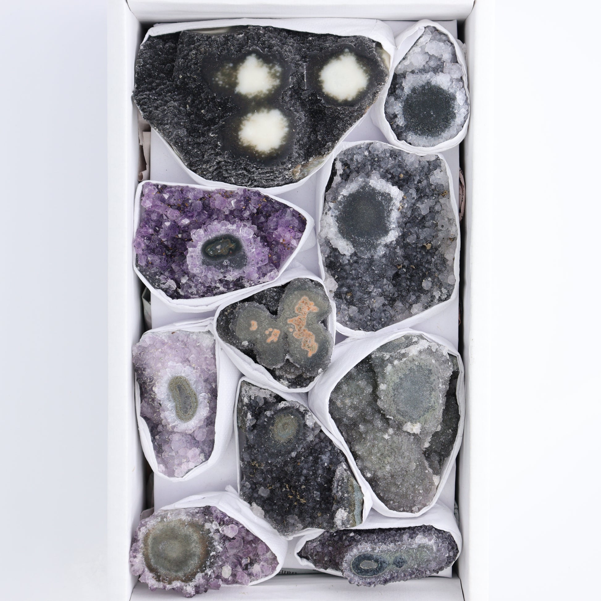 Uruguay Amethyst Clusters with "Eyes" Flat of 10 - Expert Wholesale and Supplier of Wholesale Crystals & Bulk Gemstones, ["Amethyst","Amethyst Eyes","Clusters","Uruguay"]