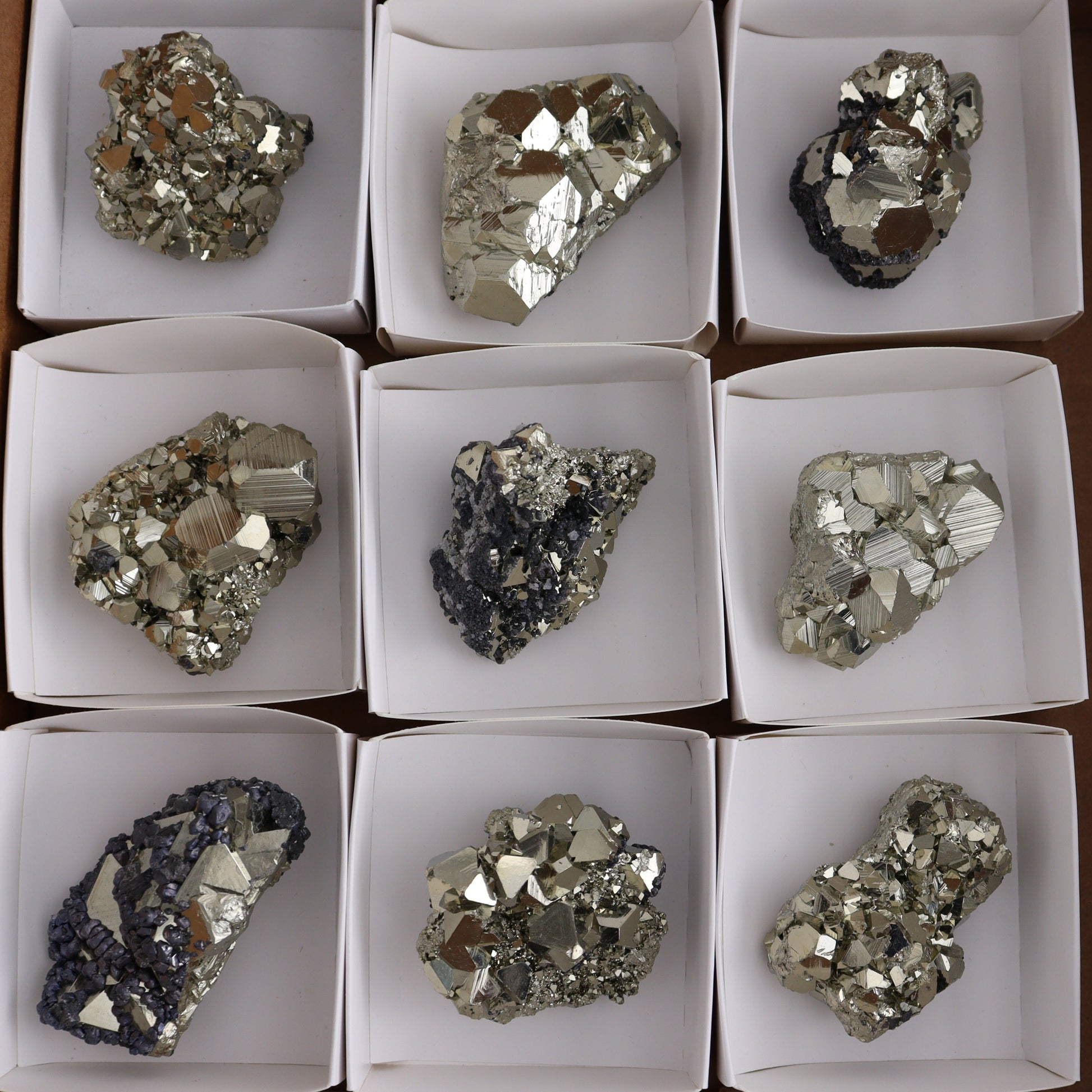 Octahedral Pyrite Clusters Set of 12 - Expert Wholesale and Supplier of Wholesale Crystals & Bulk Gemstones, ["Clusters","Octahedral Pyrite","Peru","Pyrite"]