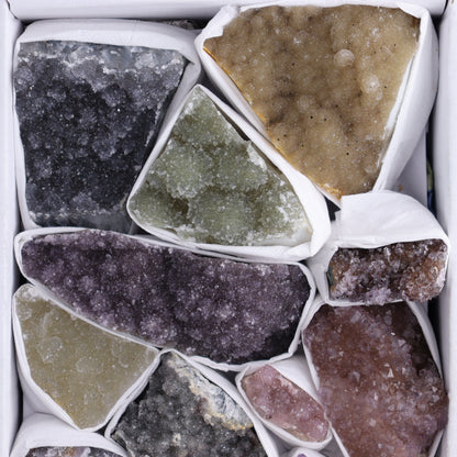 Uruguay Rainbow Amethyst Clusters Flat of 13 - Expert Wholesale and Supplier of Wholesale Crystals & Bulk Gemstones, ["Amethyst","Clusters","Rainbow Amethyst","Sugar Rainbow Amethyst","Uruguay"]