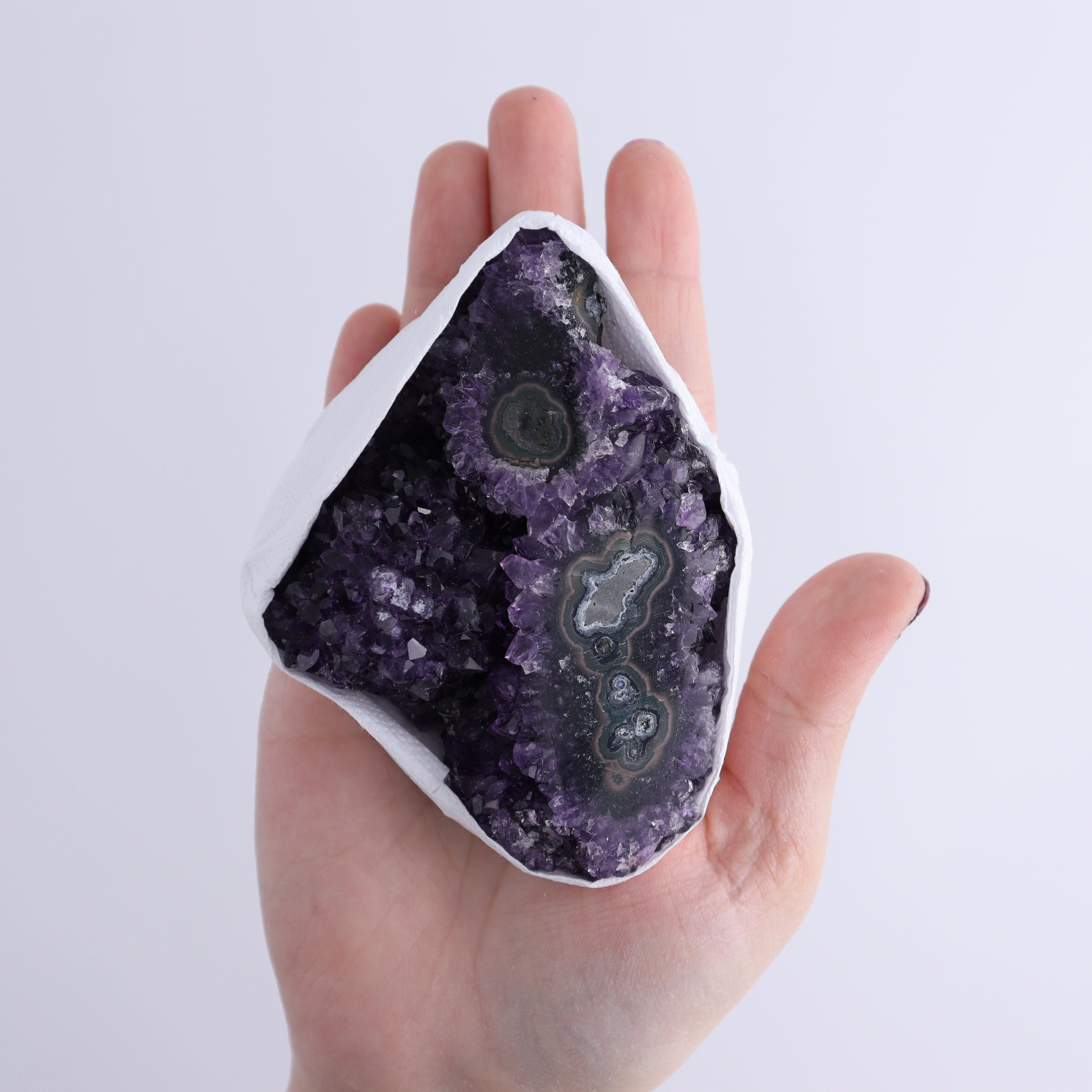 Uruguay Amethyst Clusters with "Eyes" Flat of 8 - Expert Wholesale and Supplier of Wholesale Crystals & Bulk Gemstones, ["Amethyst","Clusters","Eyes Amethyst","Uruguay"]