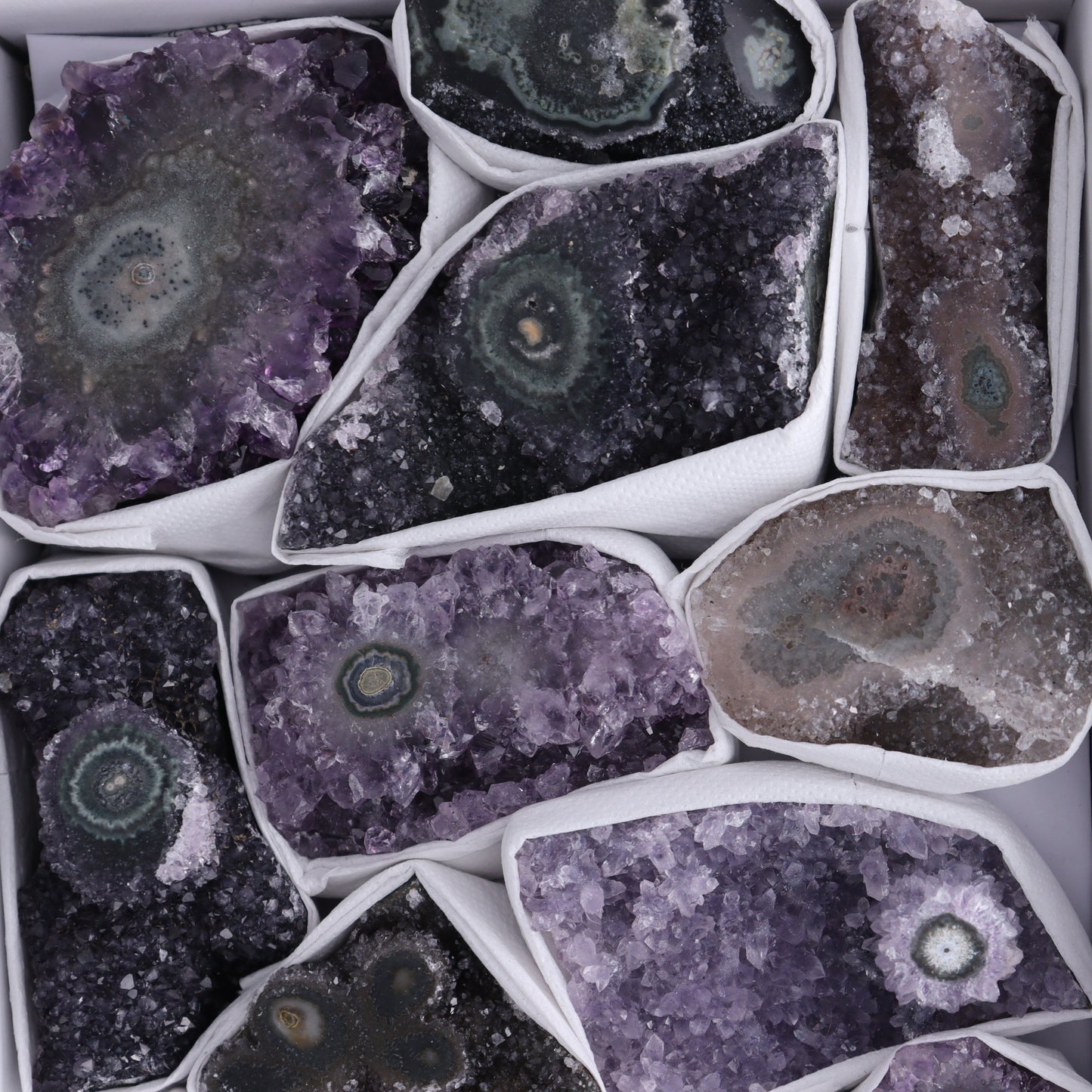Uruguay Amethyst Clusters with "Eyes" Flat of 13 - Expert Wholesale and Supplier of Wholesale Crystals & Bulk Gemstones, ["Amethyst","Clusters","Eyes Amethyst","Uruguay"]