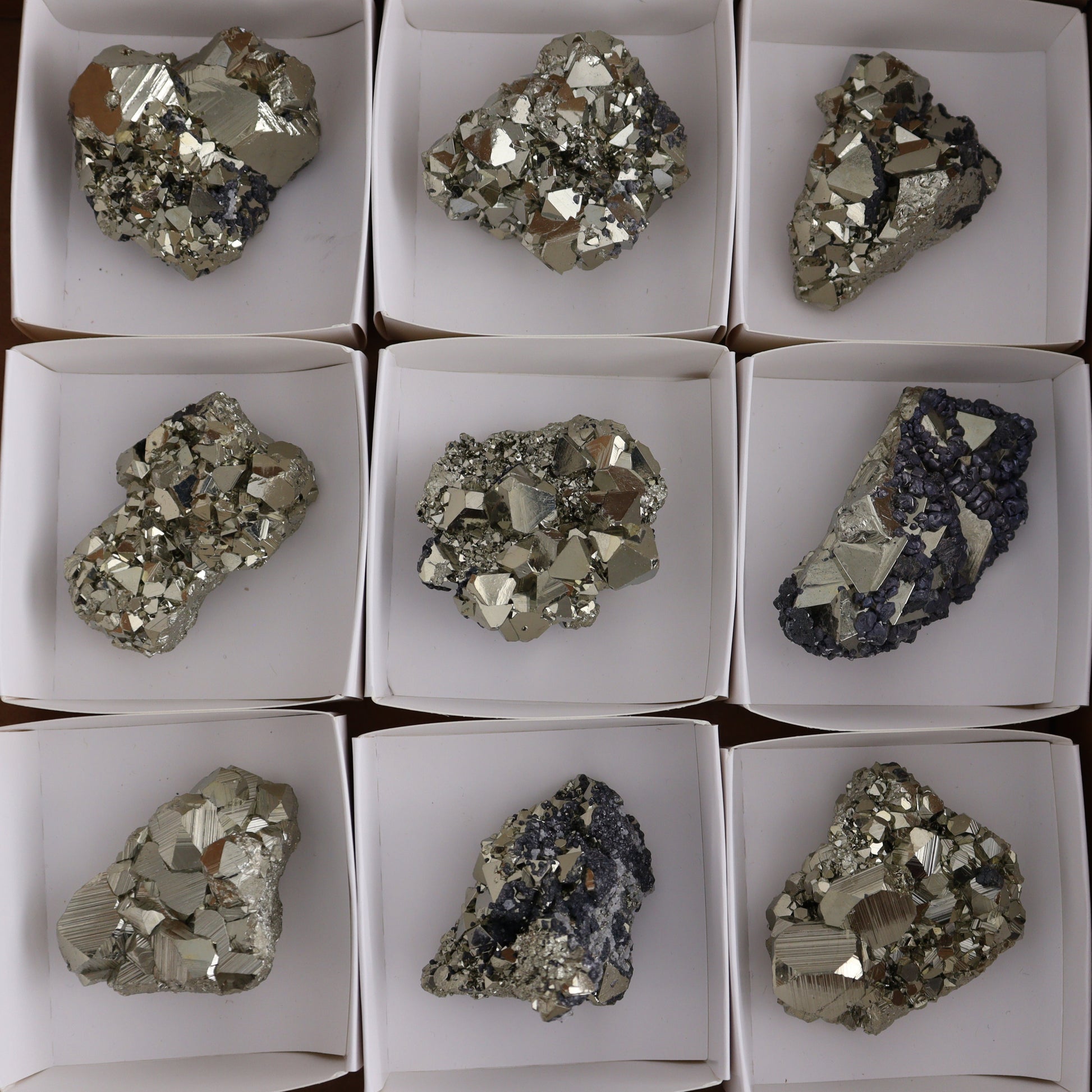 Octahedral Pyrite Clusters Set of 12 - Expert Wholesale and Supplier of Wholesale Crystals & Bulk Gemstones, ["Clusters","Octahedral Pyrite","Peru","Pyrite"]