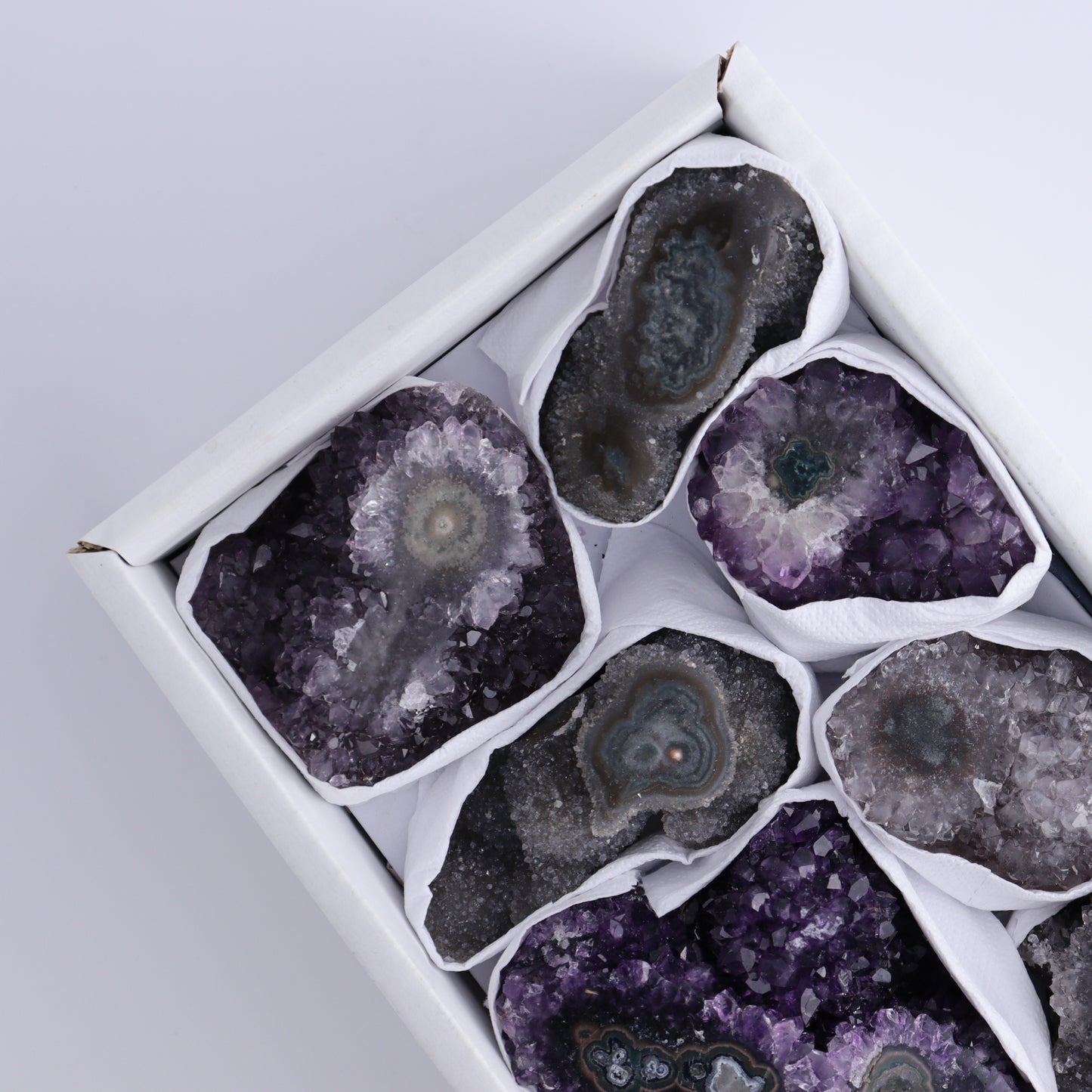 Uruguay Amethyst Clusters with "Eyes" Flat of 8 - Expert Wholesale and Supplier of Wholesale Crystals & Bulk Gemstones, ["Amethyst","Clusters","Eyes Amethyst","Uruguay"]